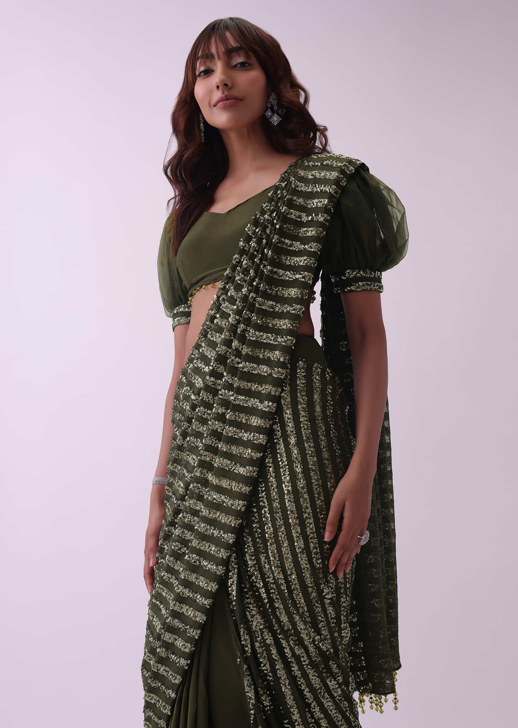 Olive Green Sequins Saree And Crepe Blouse With Fancy Puff Sleeves