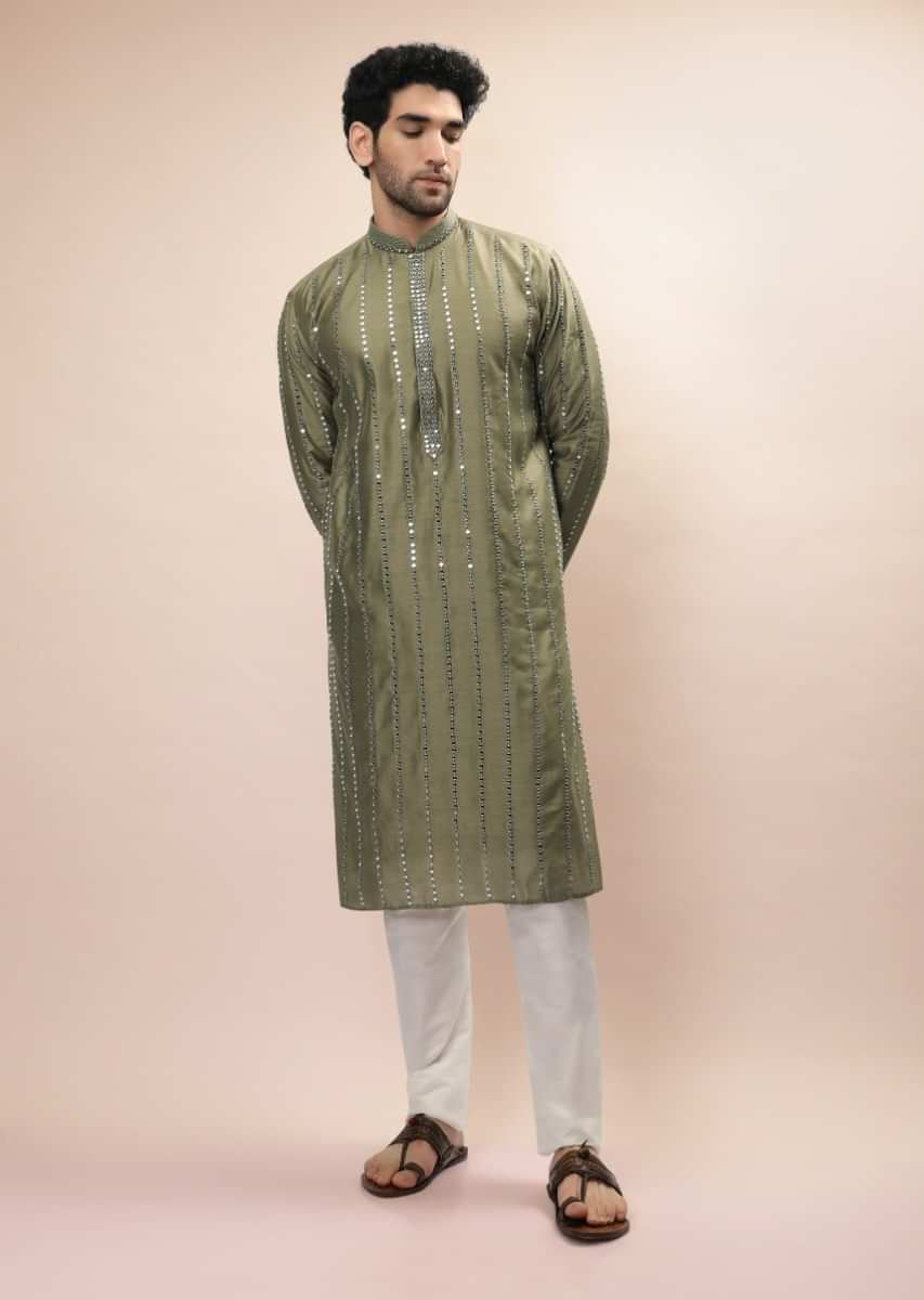 Olive Kurta Set In Silk With Heavy Mirror Embroidered Stripes  
