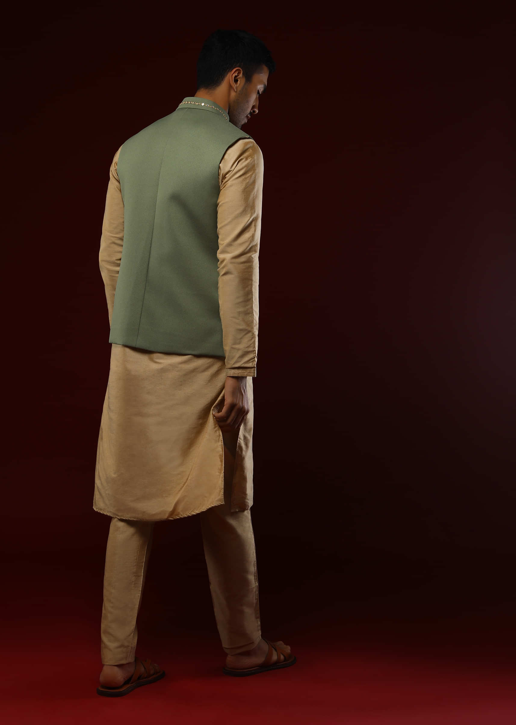 Olive Nehru Jacket And Golden Kurta Set With Golden Resham And Mirror Embroidery