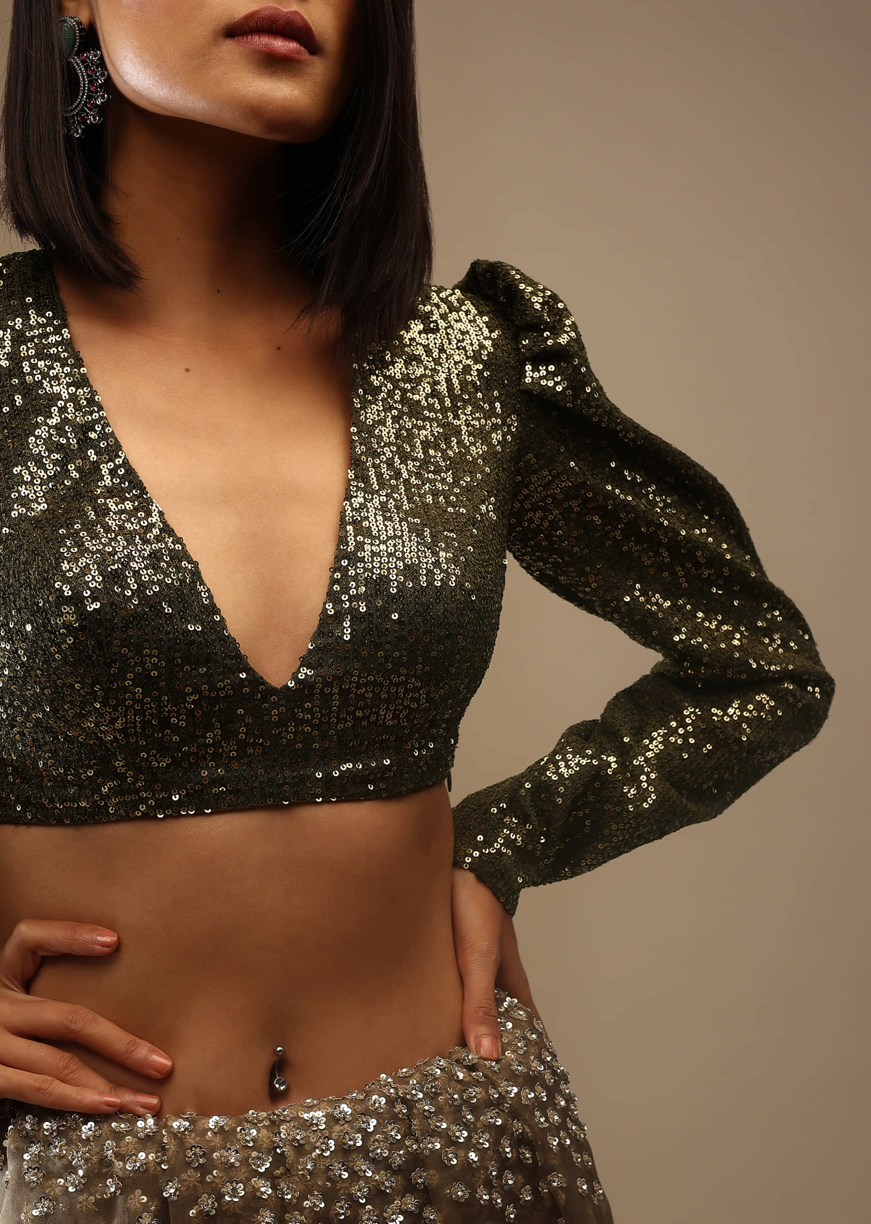 Olive Night Sequins Blouse With A V Neckline Full Sleeves And A Covered Back Neck
