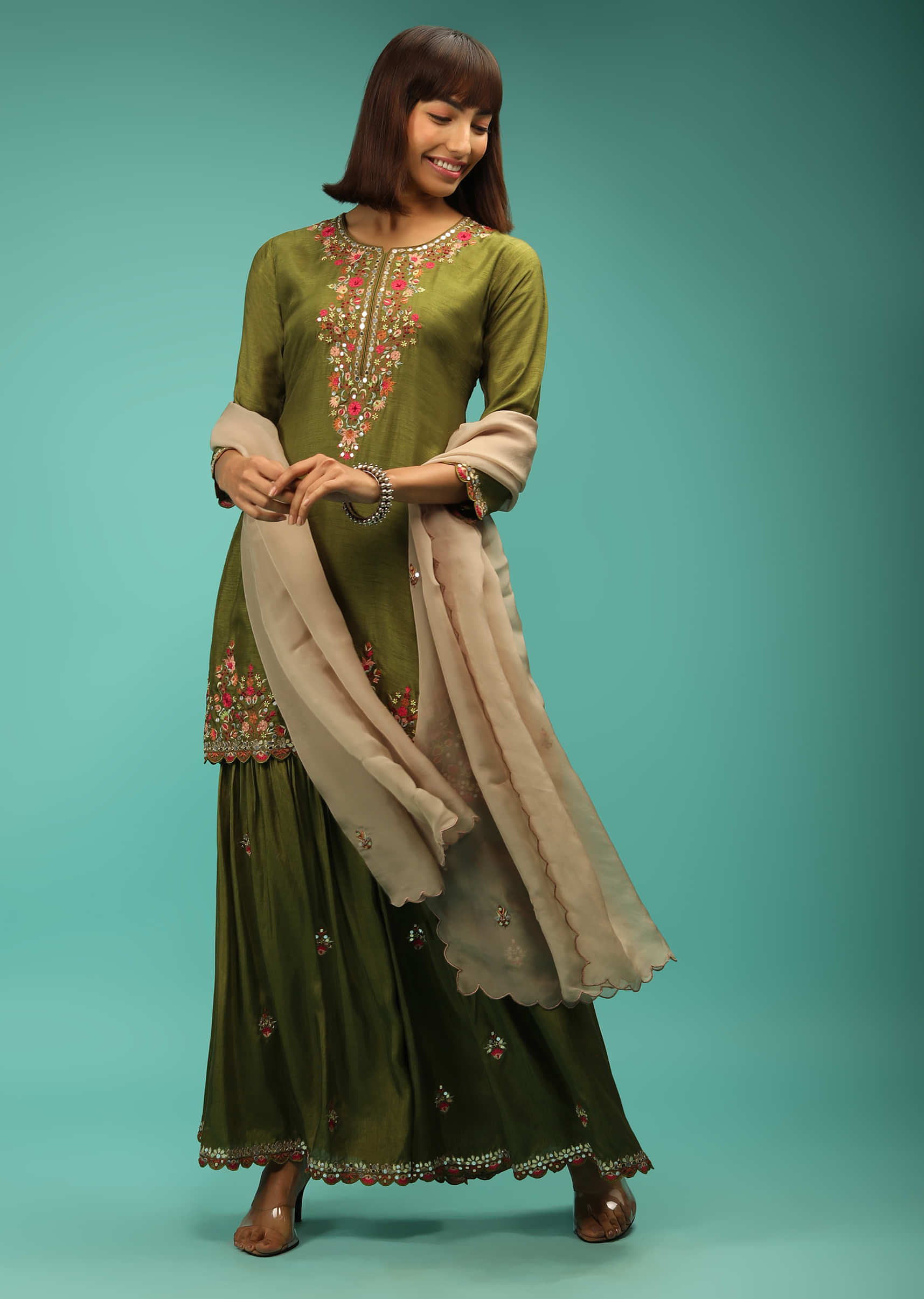 Olive Sharara Suit In Silk With Multi Colored Resham Embroidered Floral Motifs And Abla Work  