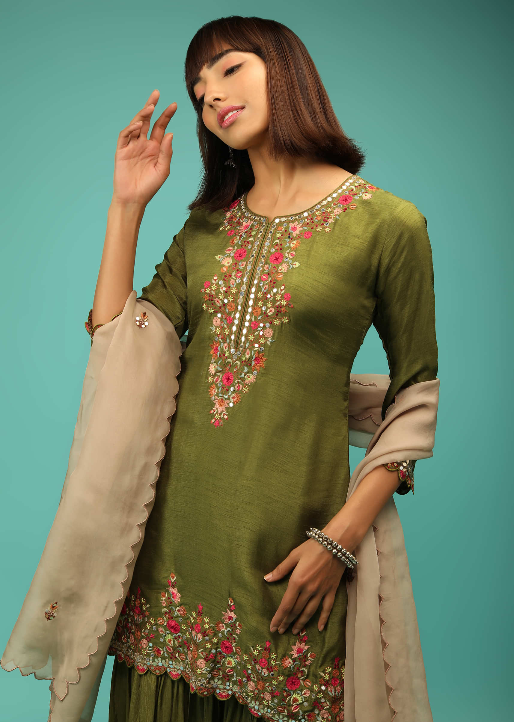 Olive Sharara Suit In Silk With Multi Colored Resham Embroidered Floral Motifs And Abla Work  