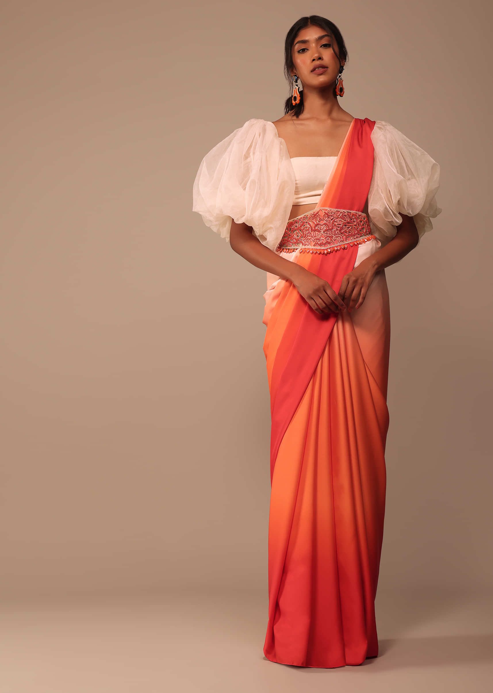 Buy Orange Satin Silk Wedding Saree With Waist Belt Online