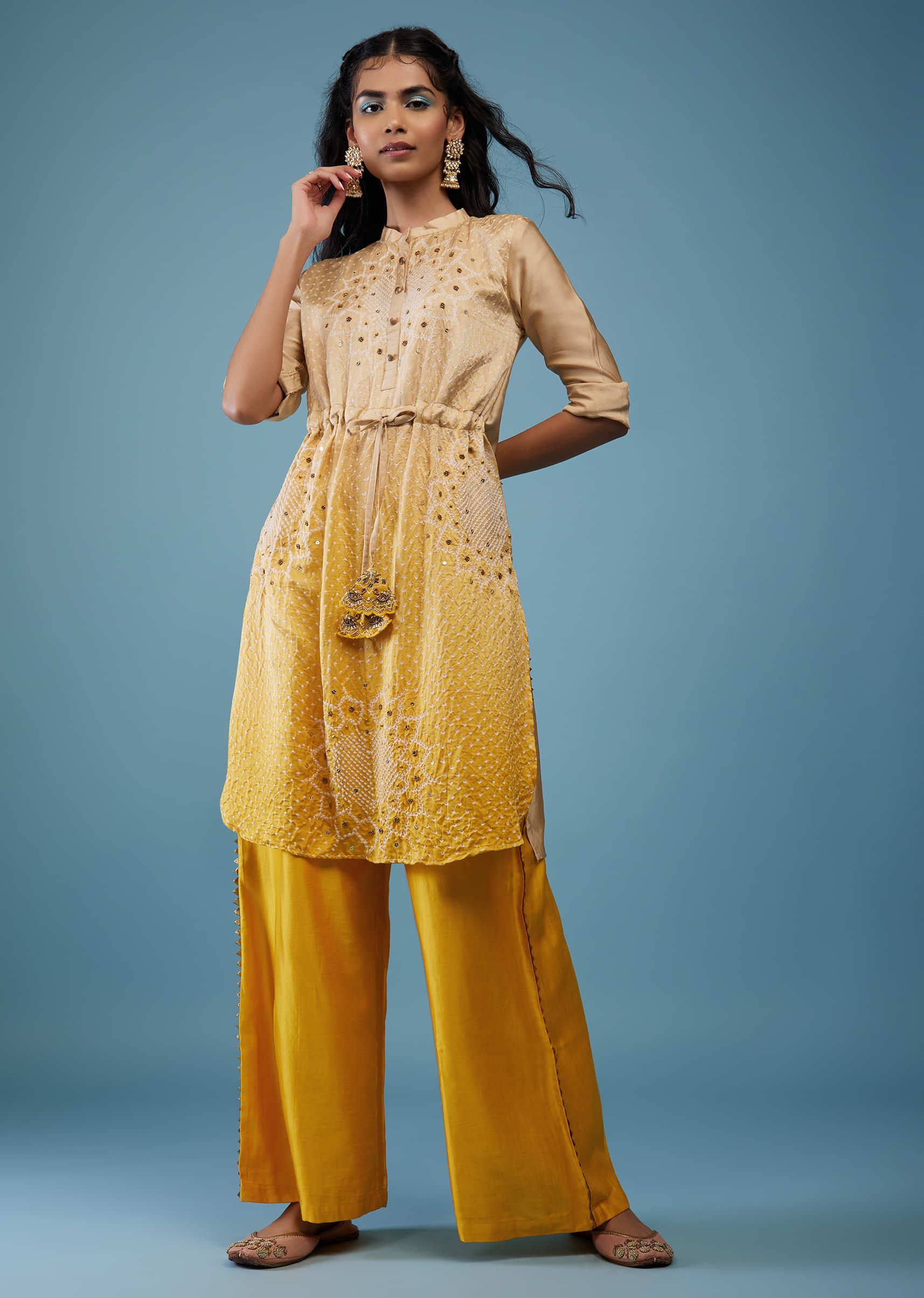 Ombre Shaded Beige And Golden Yellow Gajji Silk Bandhani Top With Cotton Silk Palazzo