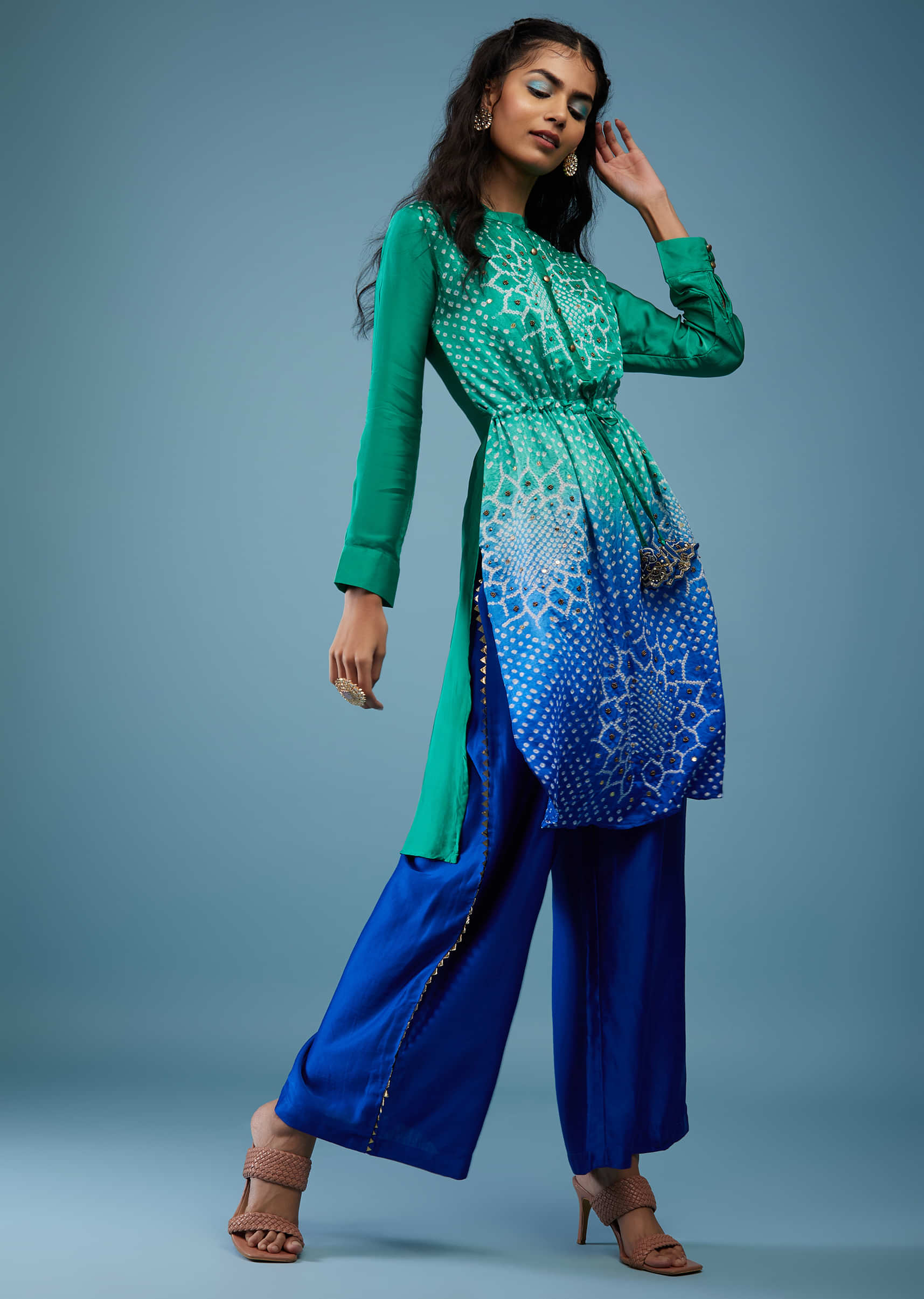Ombre Shaded Princess Blue And Peacock Green Gajji Silk Bandhani Top With Cotton Silk Palazzo