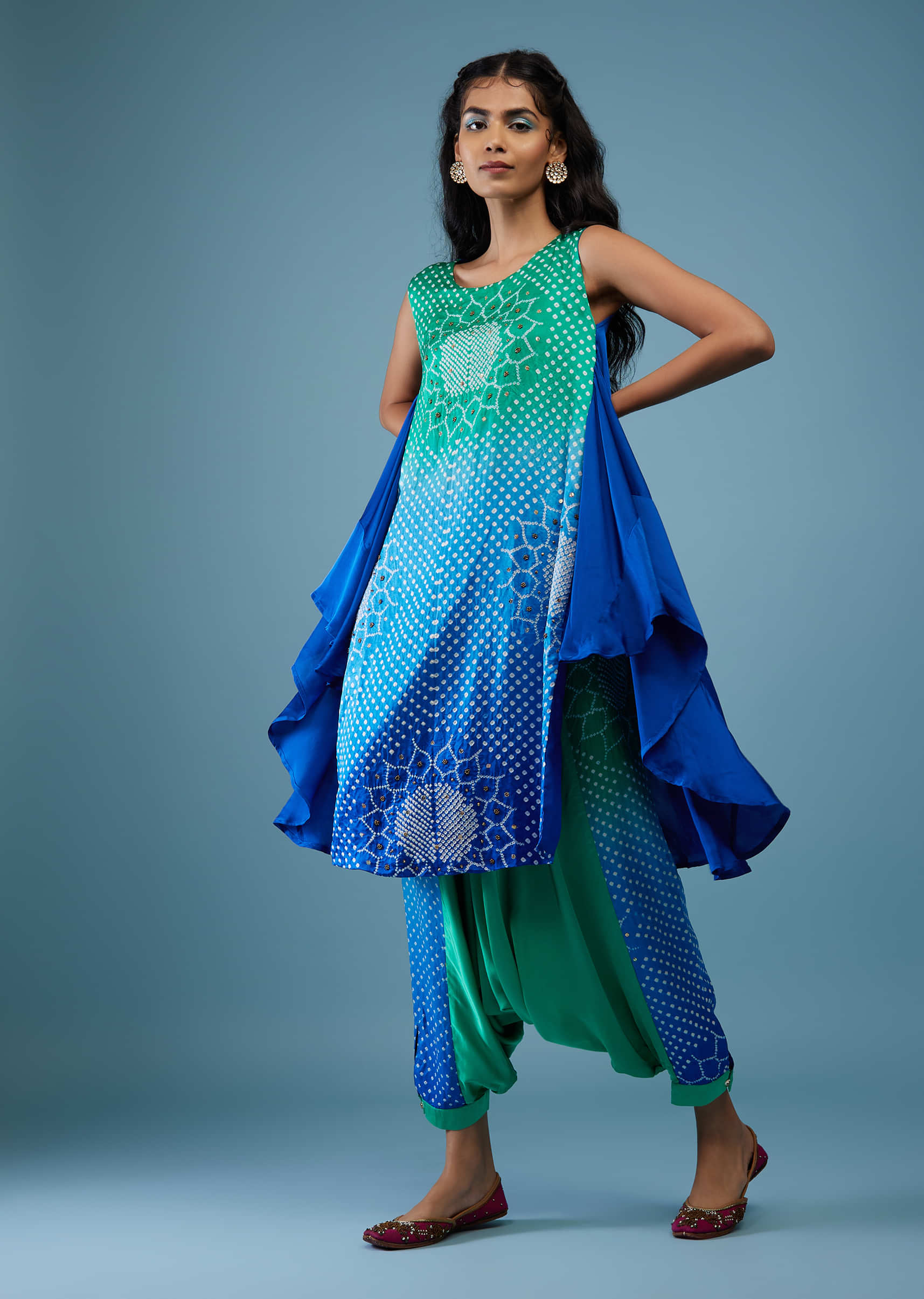 Ombre Shaded Princess Blue And Peacock Green Bandhani Tunic Top In Gajji Silk With Printed Silk Cowl Dhoti
