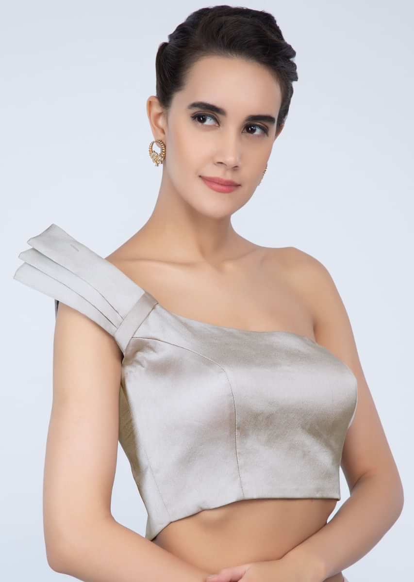 Grey Blouse In Satin With Fancy One Shoulder Neckline Online - Kalki Fashion