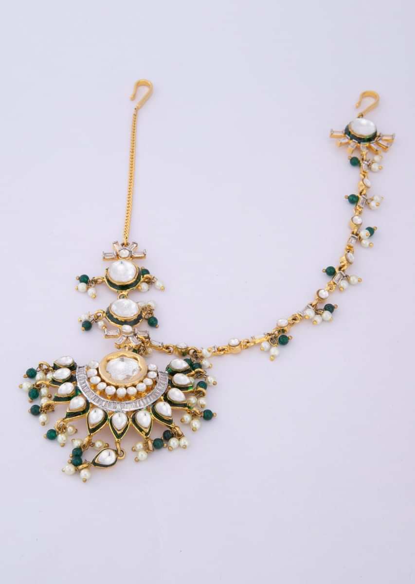 One sided  designer maang tikka embellished with in kundan stone and nano moti beads only on Kalki