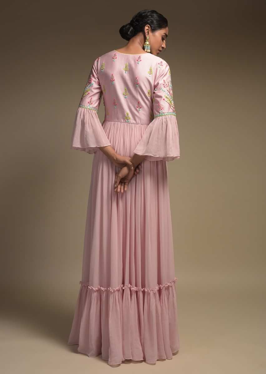 Onion Pink Anarkali Suit In Georgette With Front Slit And Ruffle Frill On The Hem  