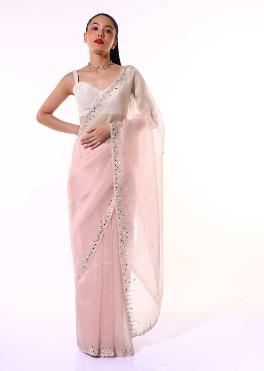 Pink Saree In Organza With Mirror Embroidered Scallop Border Along With Cut Dana Accents Online - Kalki Fashion