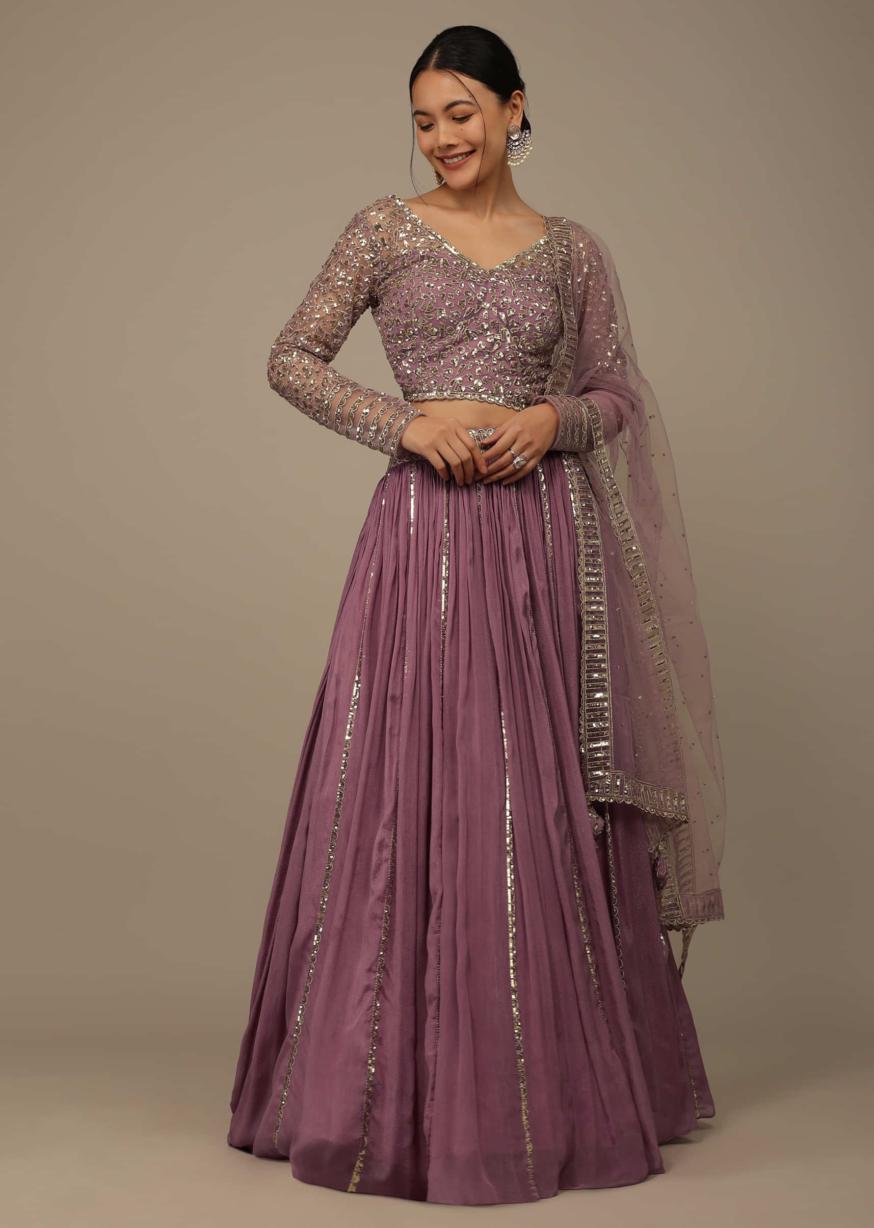 Buy Onion Pink Festive Sequins And Zari Embroidered Lehenga Set In Chinon