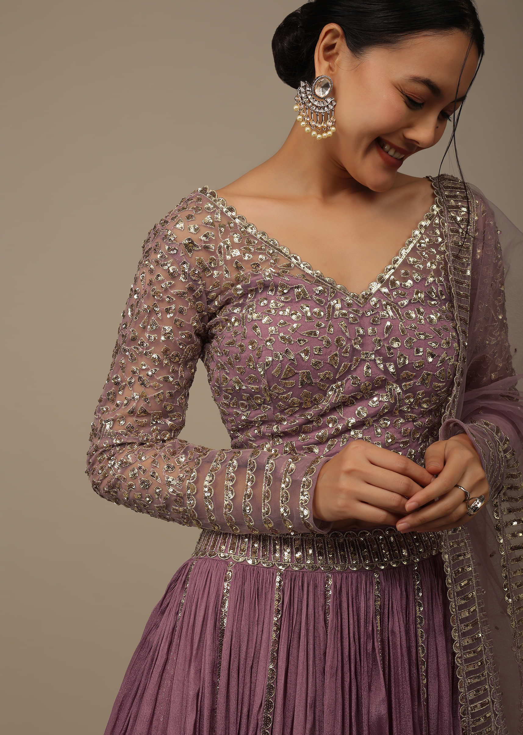 Buy Onion Pink Festive Sequins And Zari Embroidered Lehenga Set In Chinon