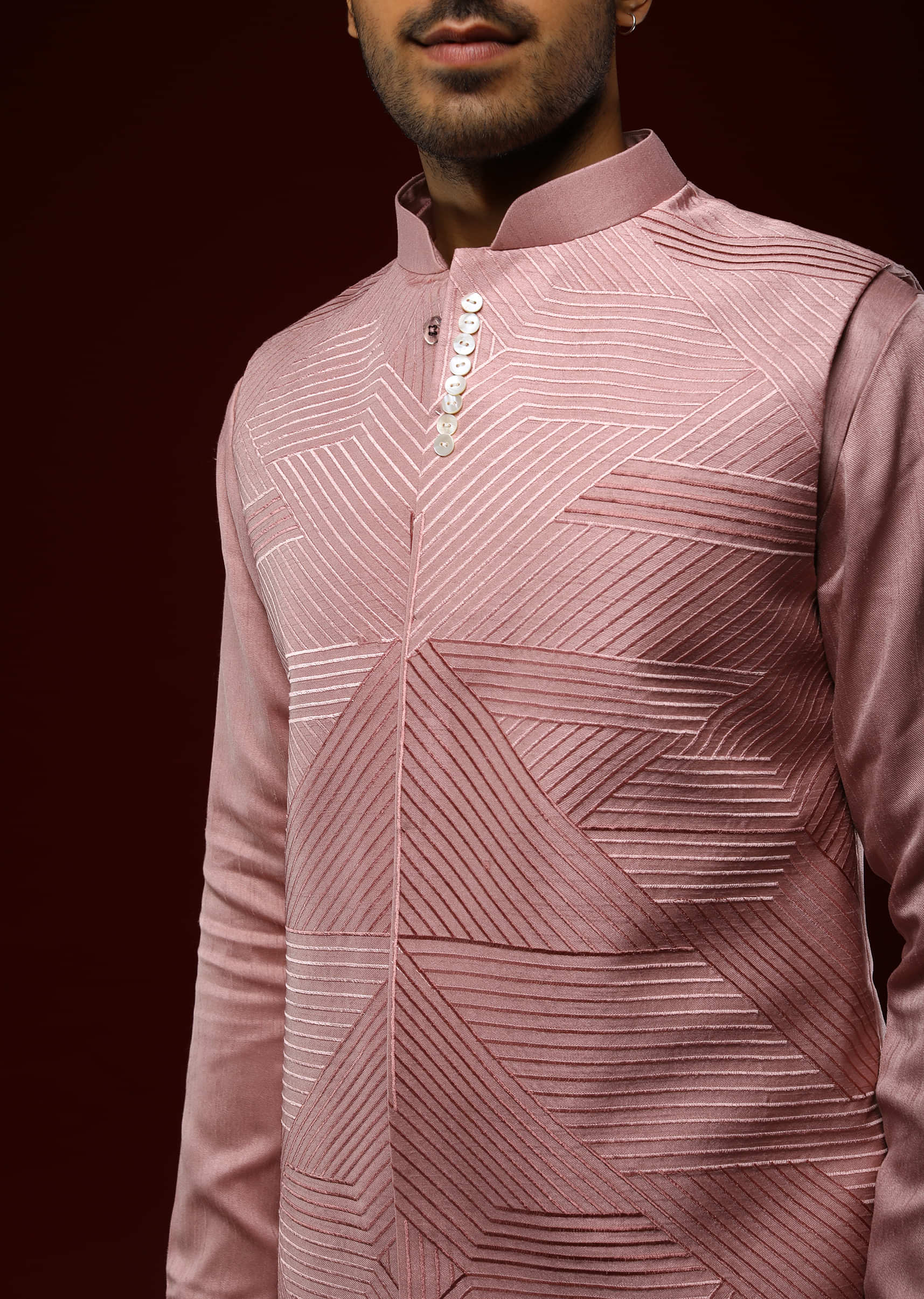 Onion Pink Nehru Jacket Set In Raw Silk With Self Resham embroidered Geometric Jaal Design
