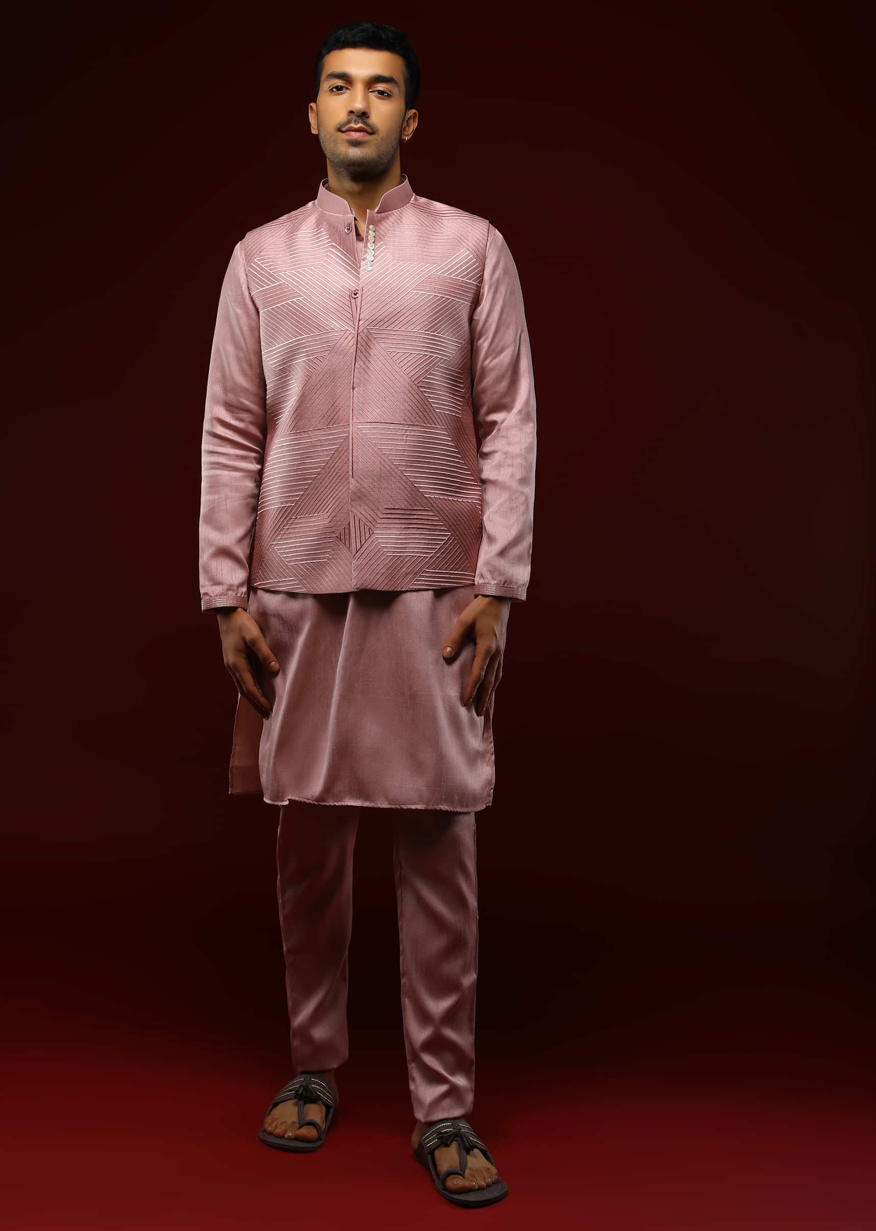 Onion Pink Nehru Jacket Set In Raw Silk With Self Resham embroidered Geometric Jaal Design