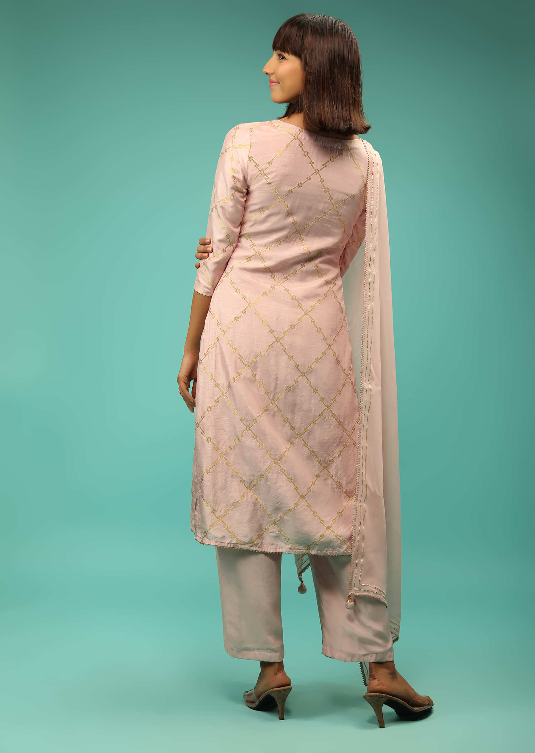 Onion Pink Palazzo Suit In Brocade Silk With Woven Checks Online - Re By Kalki 