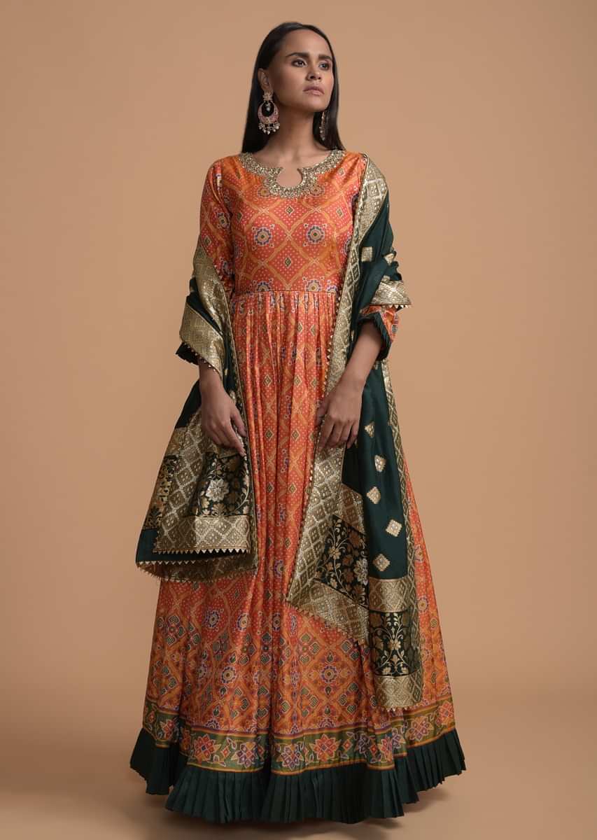 Orange Anarkali Suit In Silk With Bandhani And Patola Printed Jaal Design Online - Kalki Fashion