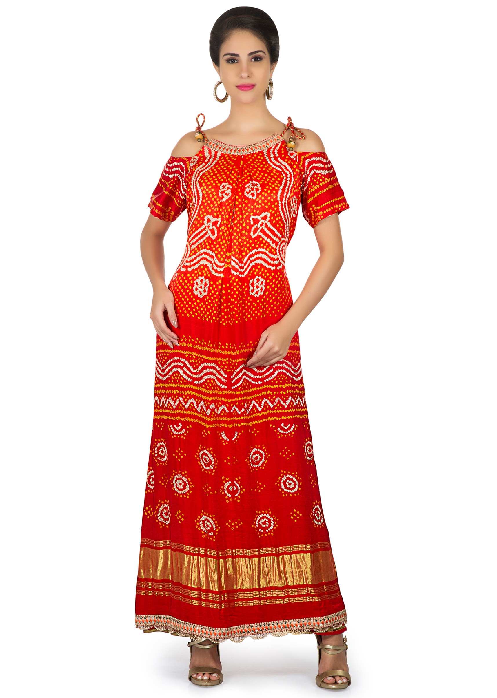 Orange and red bandhani printed dress with cold shoulder only on Kalki