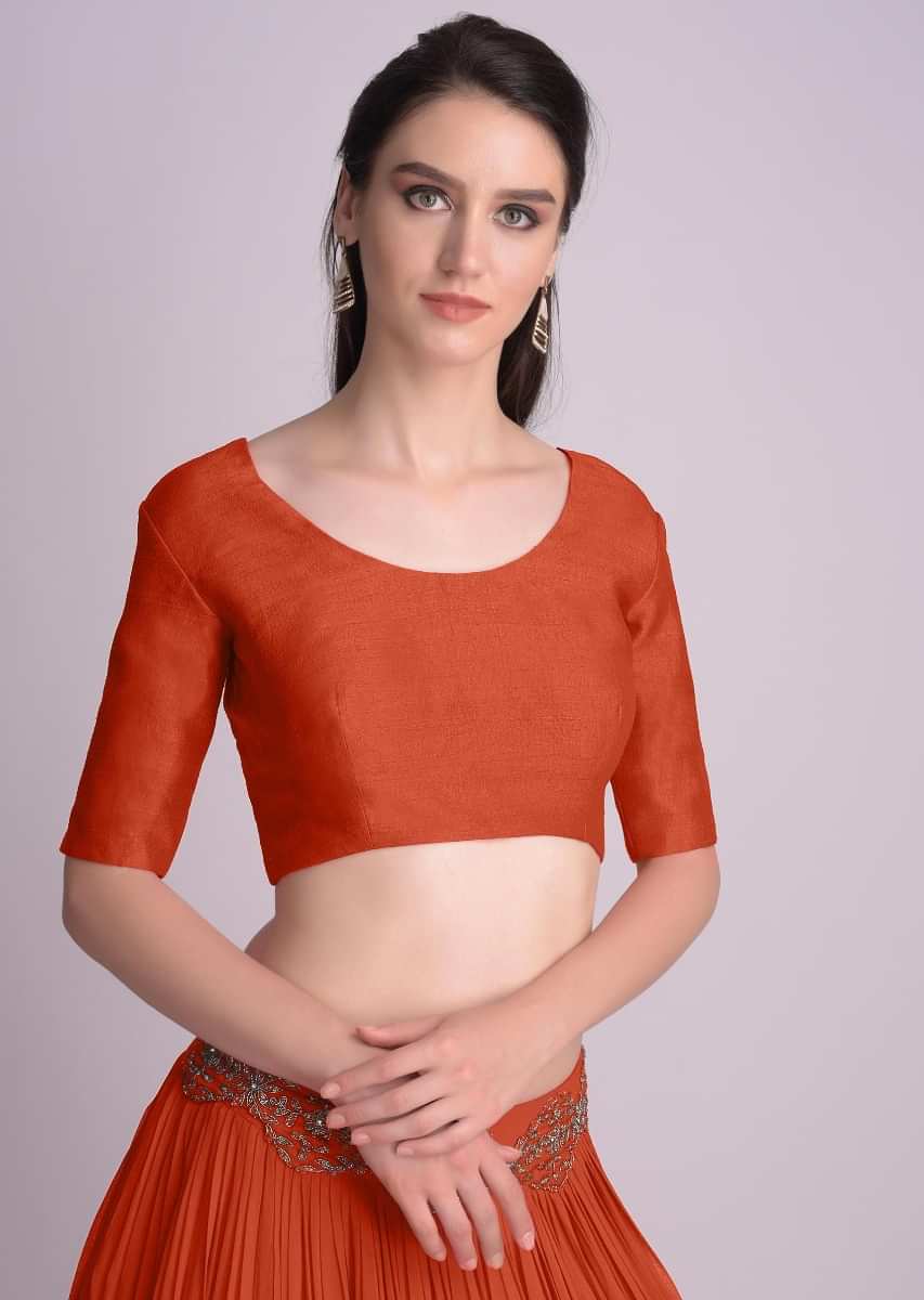 Maroon Corset Blouse In Raw Silk With Scooped Neckline And Tapered High Low  Hem