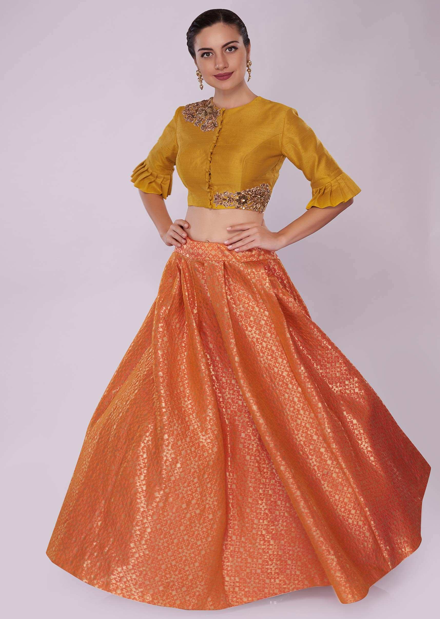 Orange brocade skirt  paired with a chrome yellow raw silk crop top