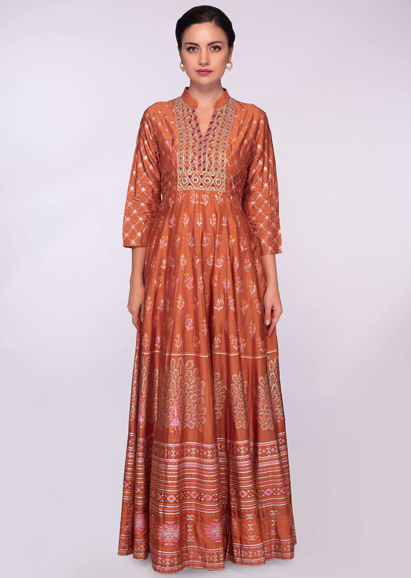 Orange cotton dress in foil print and embroidery work
