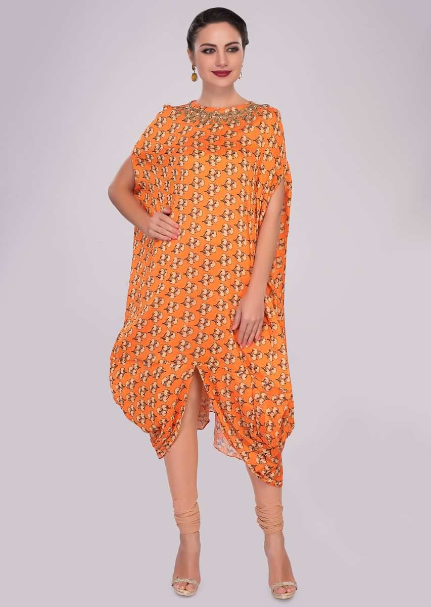 Orange fancy cotton tunic with floral printed butti