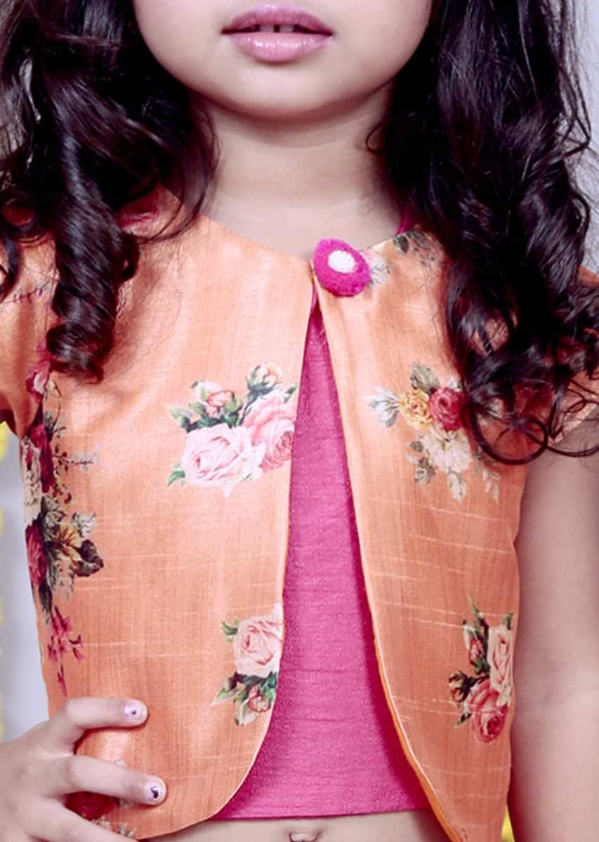 Orange Flower Jacket With Layered Palazzo And Pink Crop Top Online - Kalki Fashion