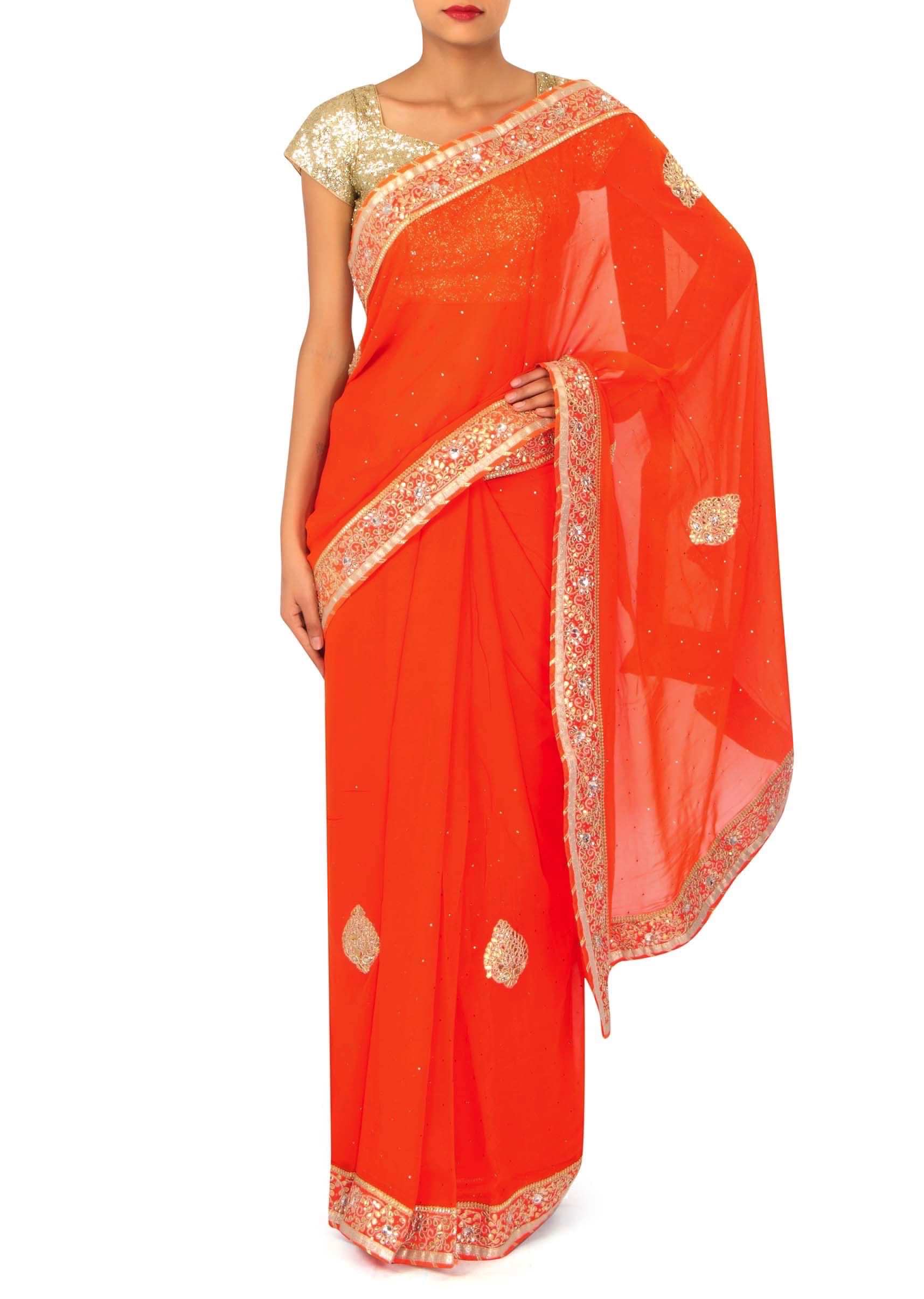 Orange Saree With Gotta Patch Embroidery Work Online - Kalki Fashion