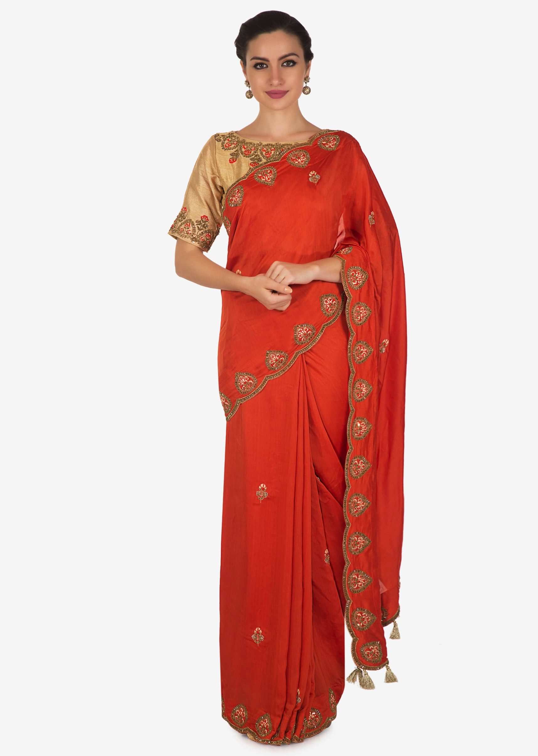 Orange saree in cotton silk with cut dana and resham embroidered scalloped border only on Kalki