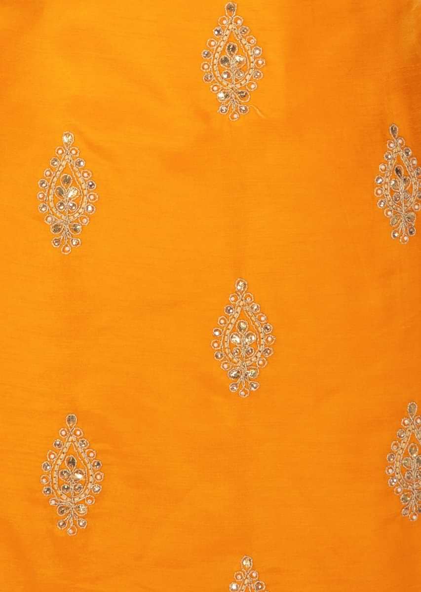 Orange unstitched top in embroidered butti with shaded dupatta only on Kalki