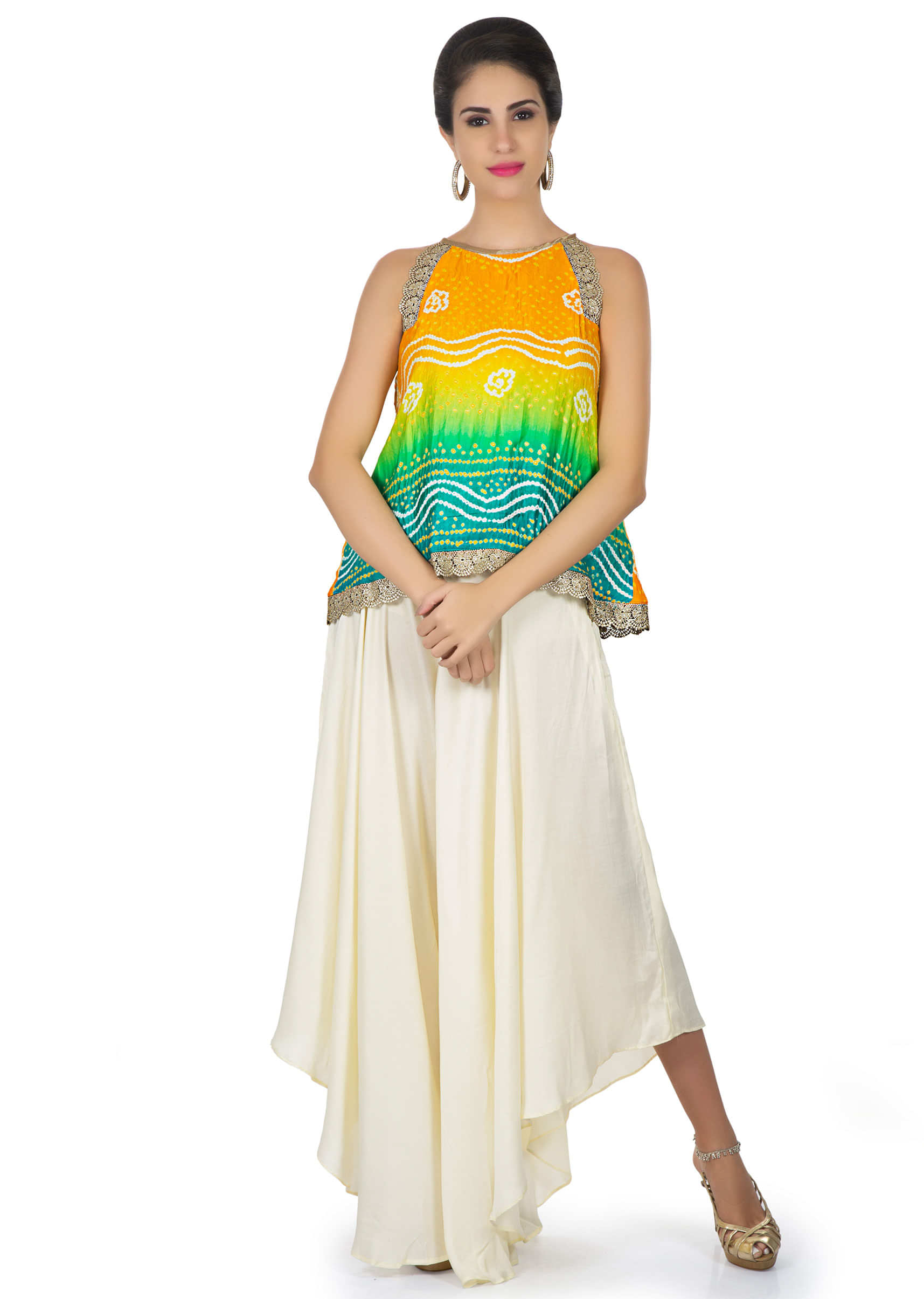 Orange yellow and blue bandhani top with white fancy palazzo pant only on Kalki