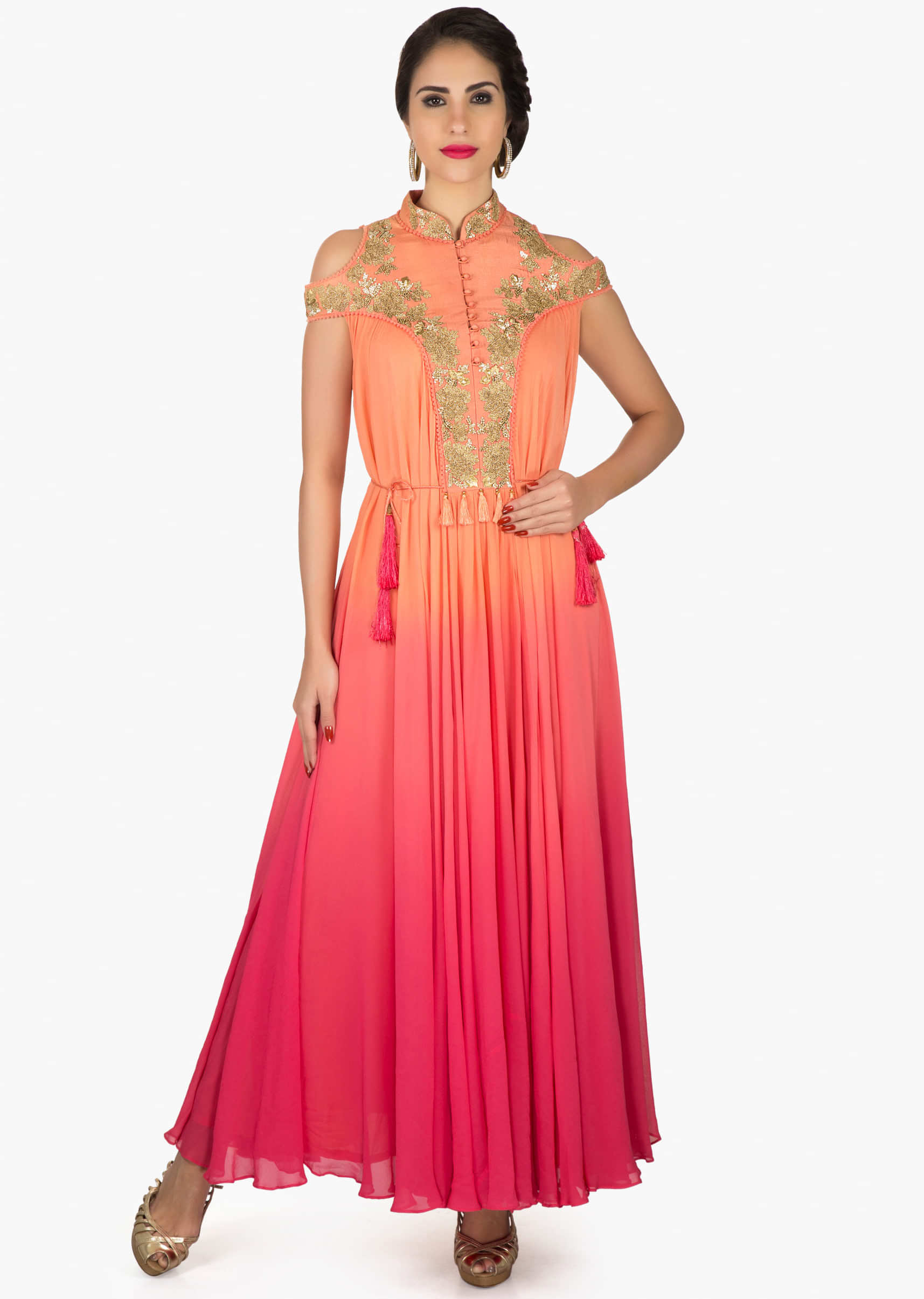 Orange and coral anarkali kurti in cold shoulder with embroidered collar and placket only on Kalki
