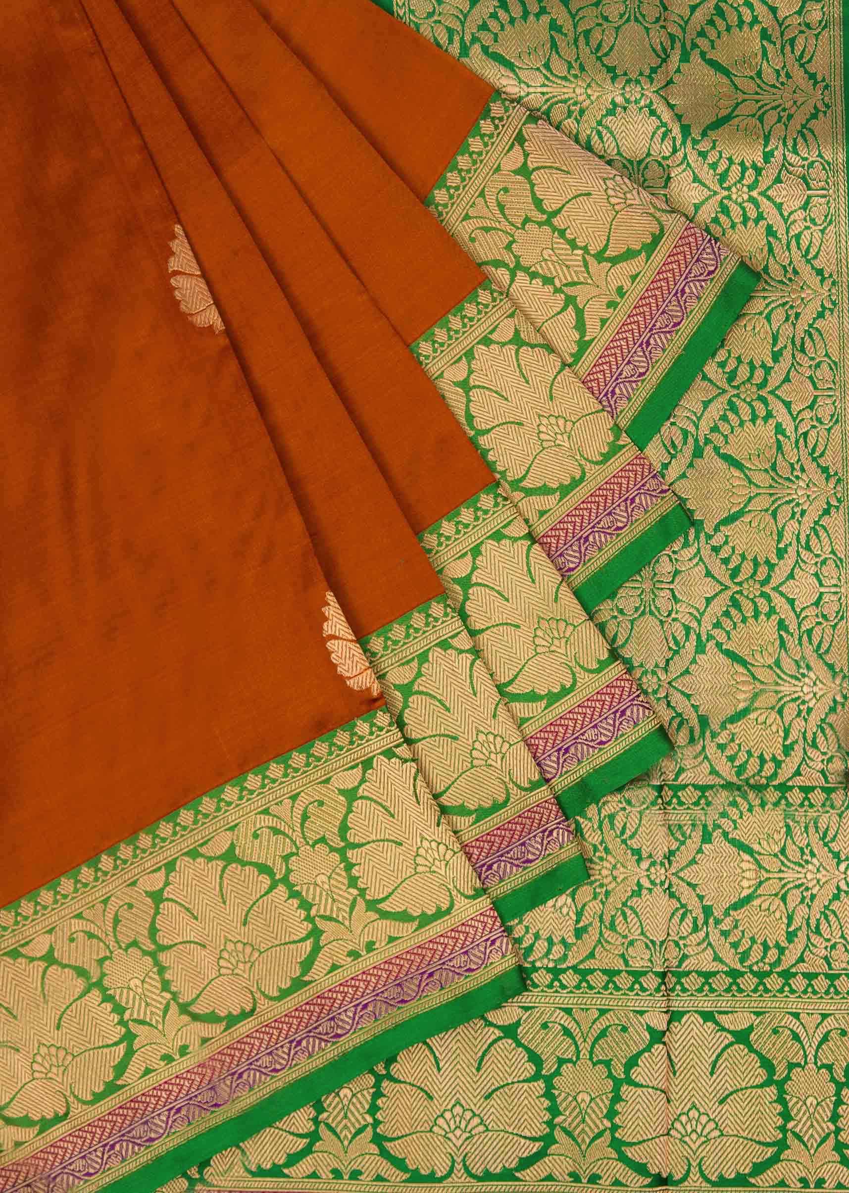 Orange And Green Saree In Silk Online - Kalki Fashion