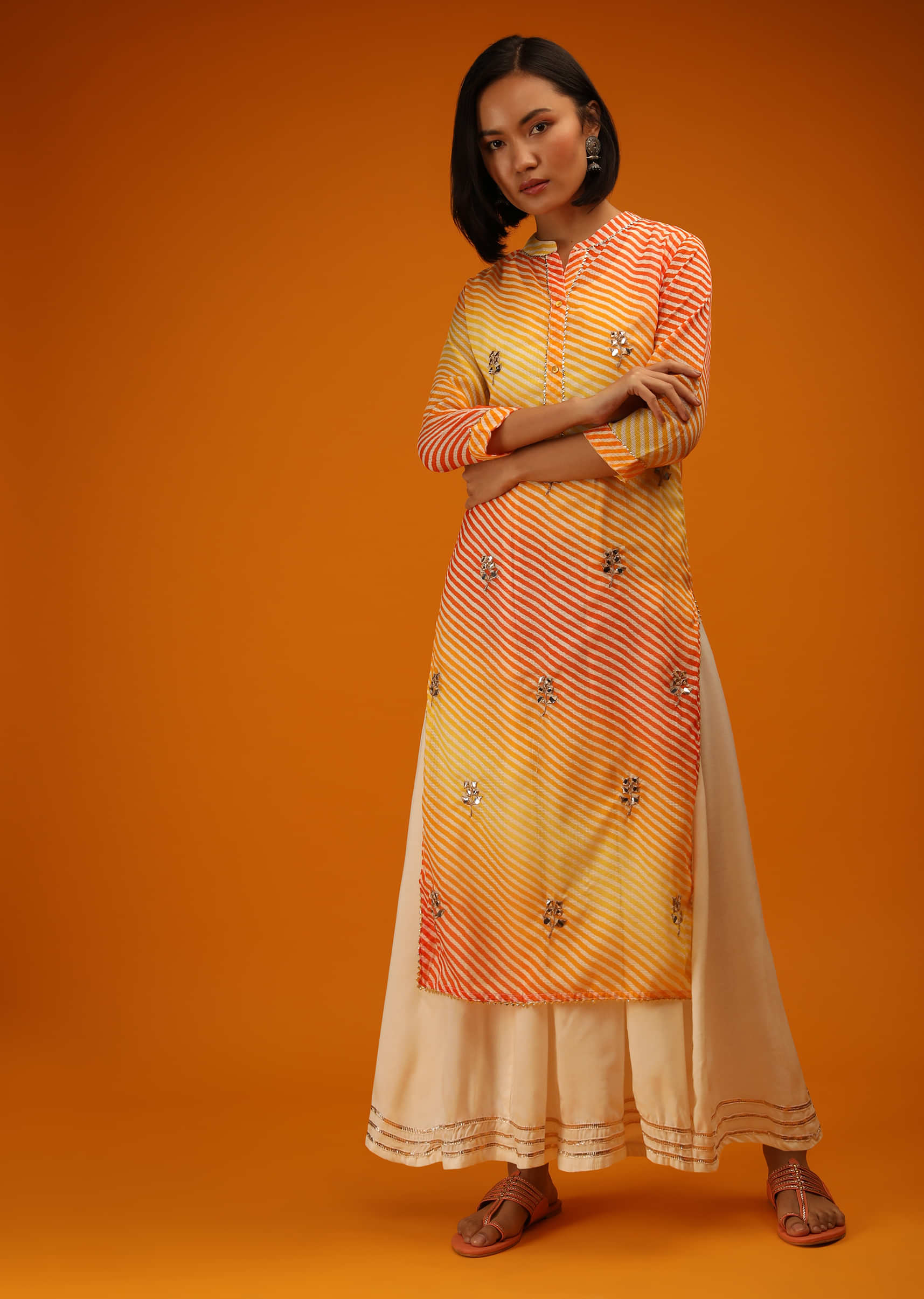 Orange And Yellow Kurta Set With Lehariya Print, Mirror Abla Work And Off White Long Dress Online - Re By Kalki