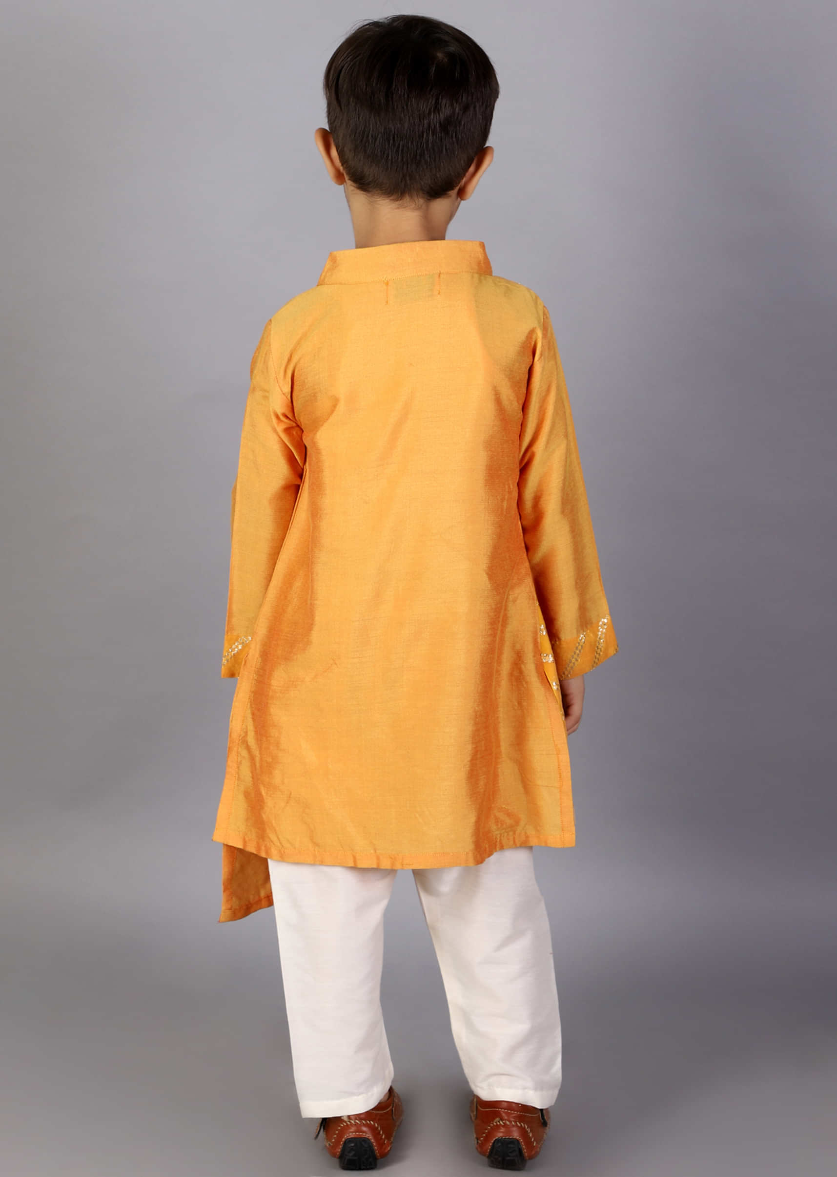 Kalki Boys Orange Assymetrical Kurta With Attached Jacket On One Side Featuring Zari Work