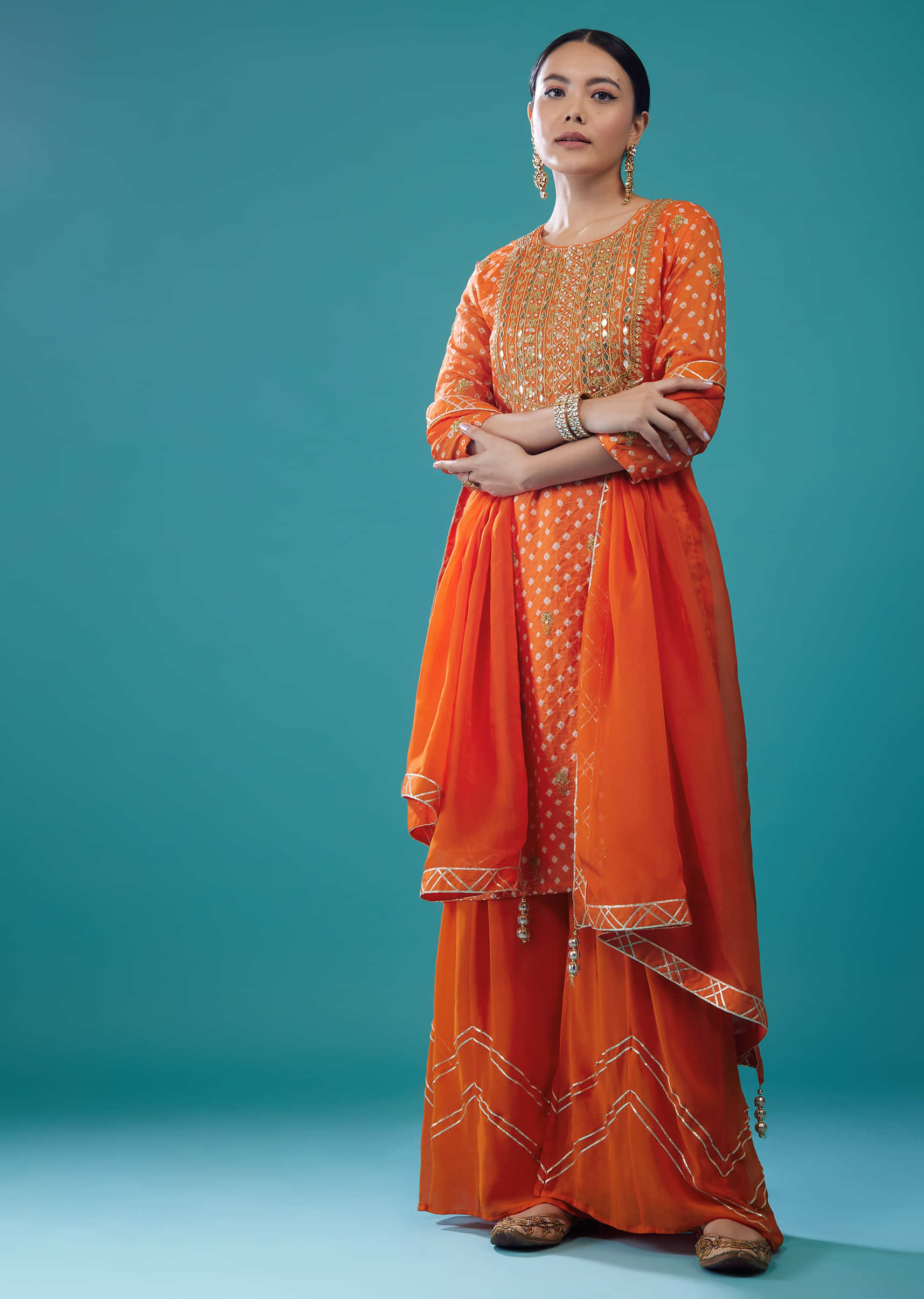 Orange Embroidered Bandhani Palazzo Set In Silk