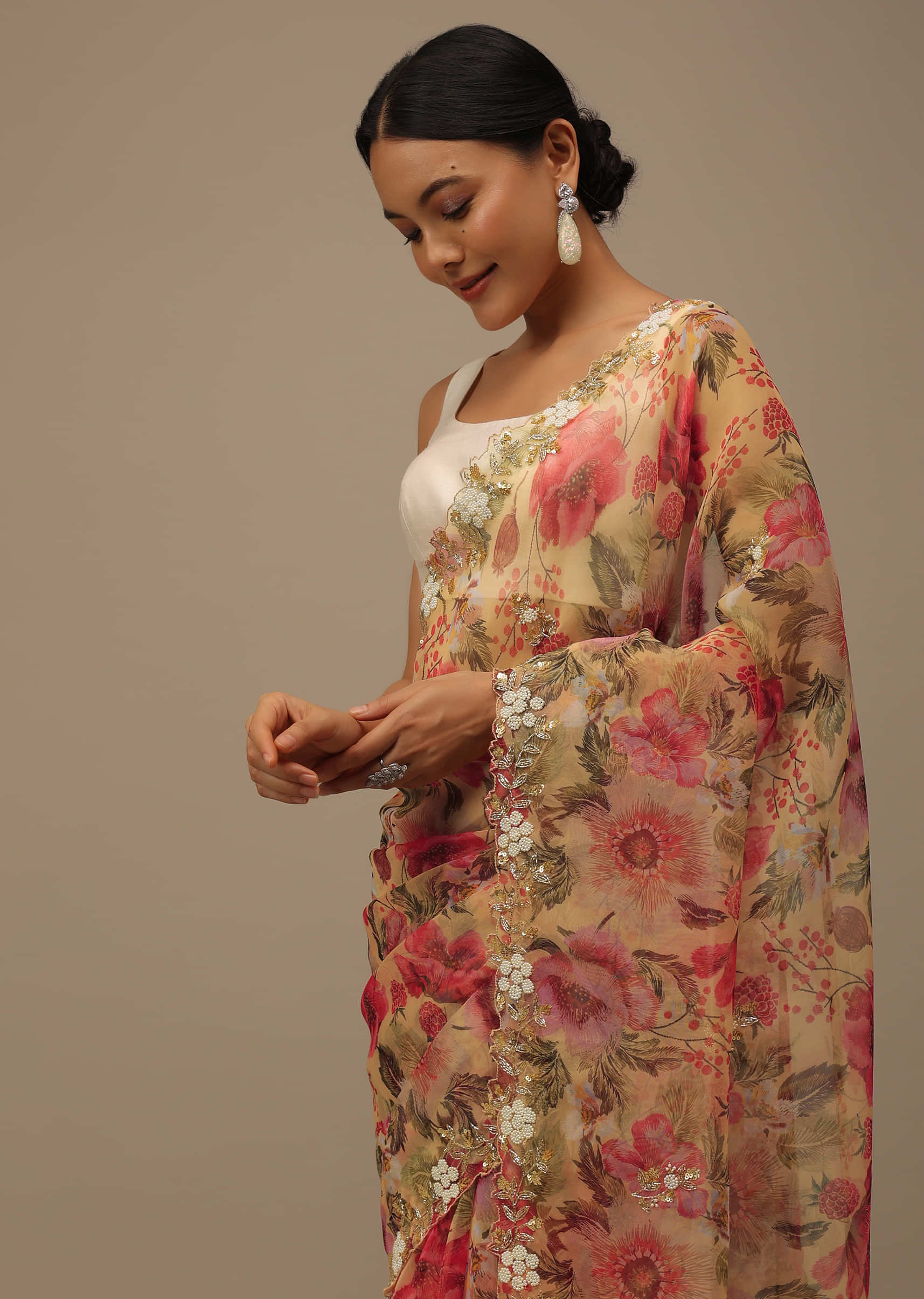 Linen Cotton Hand Block Printed Saree with Silver Border – RKG SHOPPING