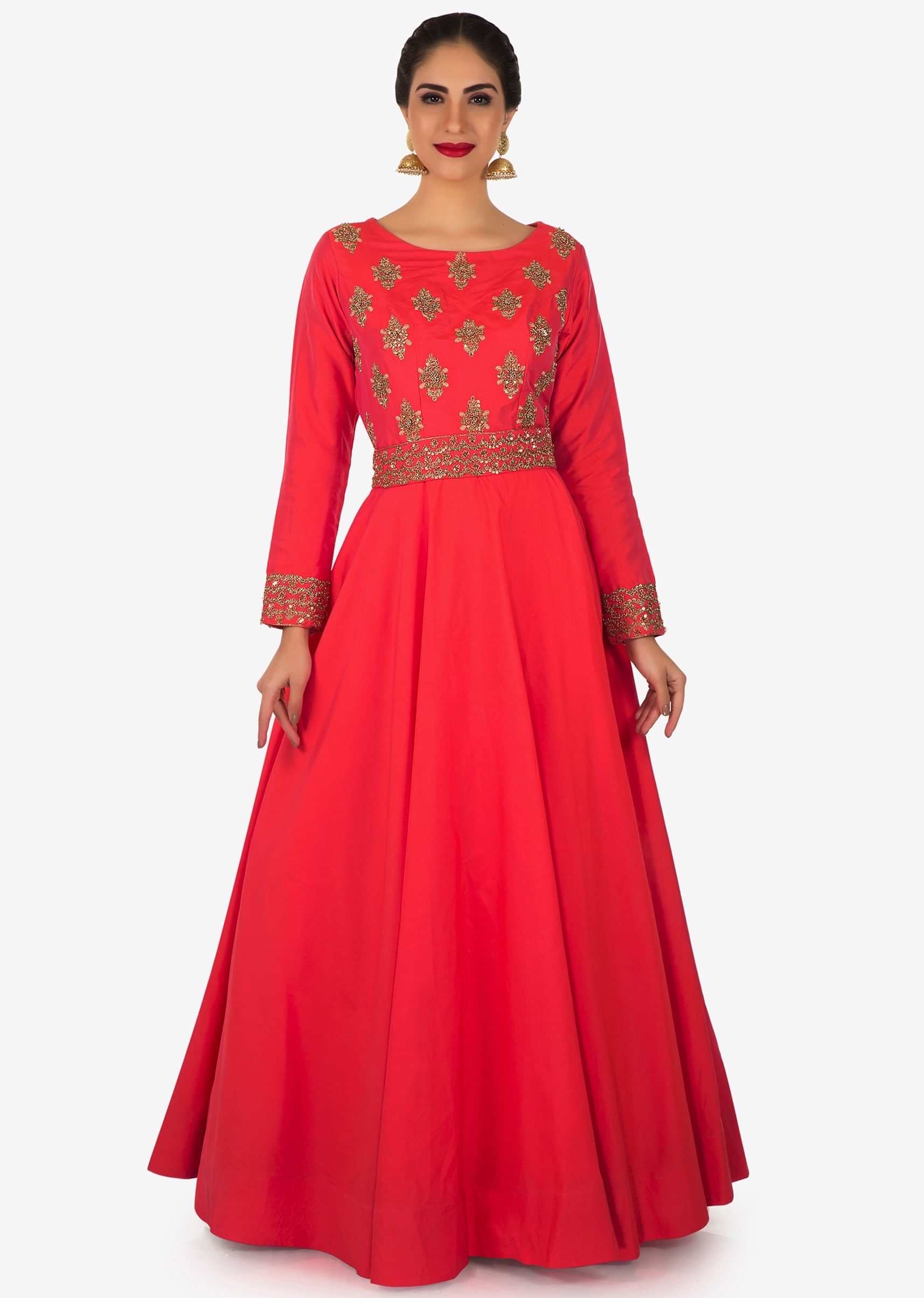 Orange gown in cotton silk with embroidered butti at bodice only on Kalki