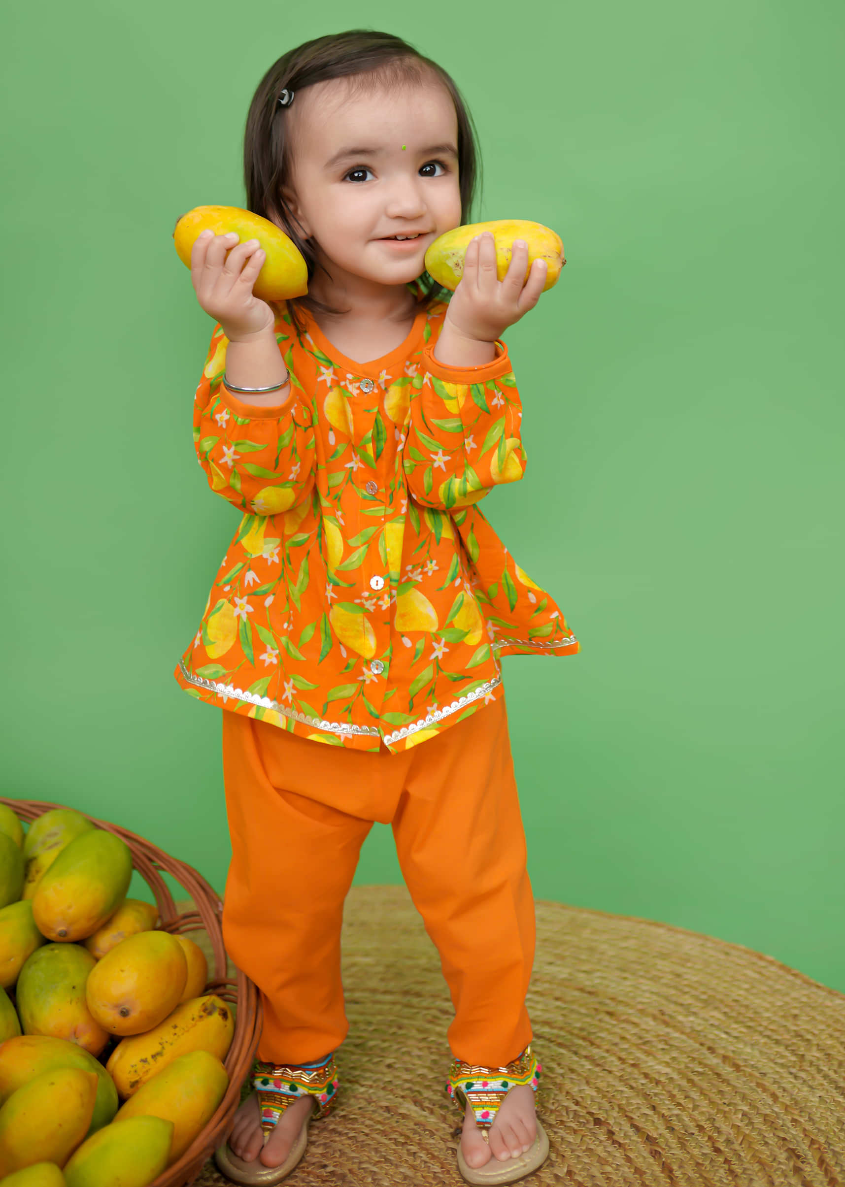 Kalki Girls Orange Kurta And Pant Set For Baby Girls With Mango Print And Front Opening By Tiber Taber