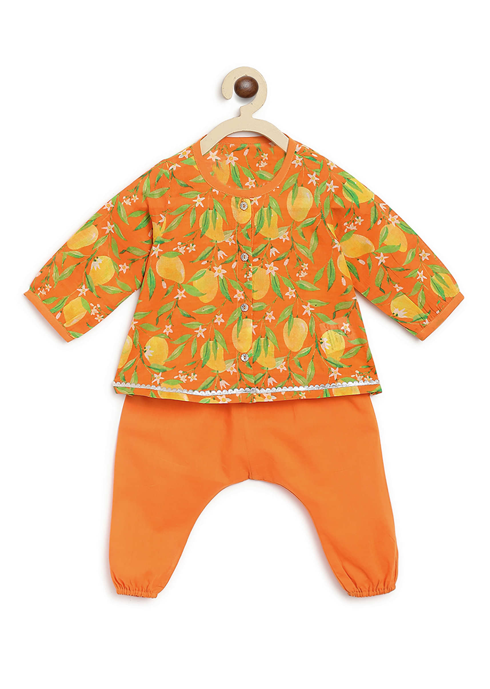 Kalki Girls Orange Kurta And Pant Set For Baby Girls With Mango Print And Front Opening By Tiber Taber
