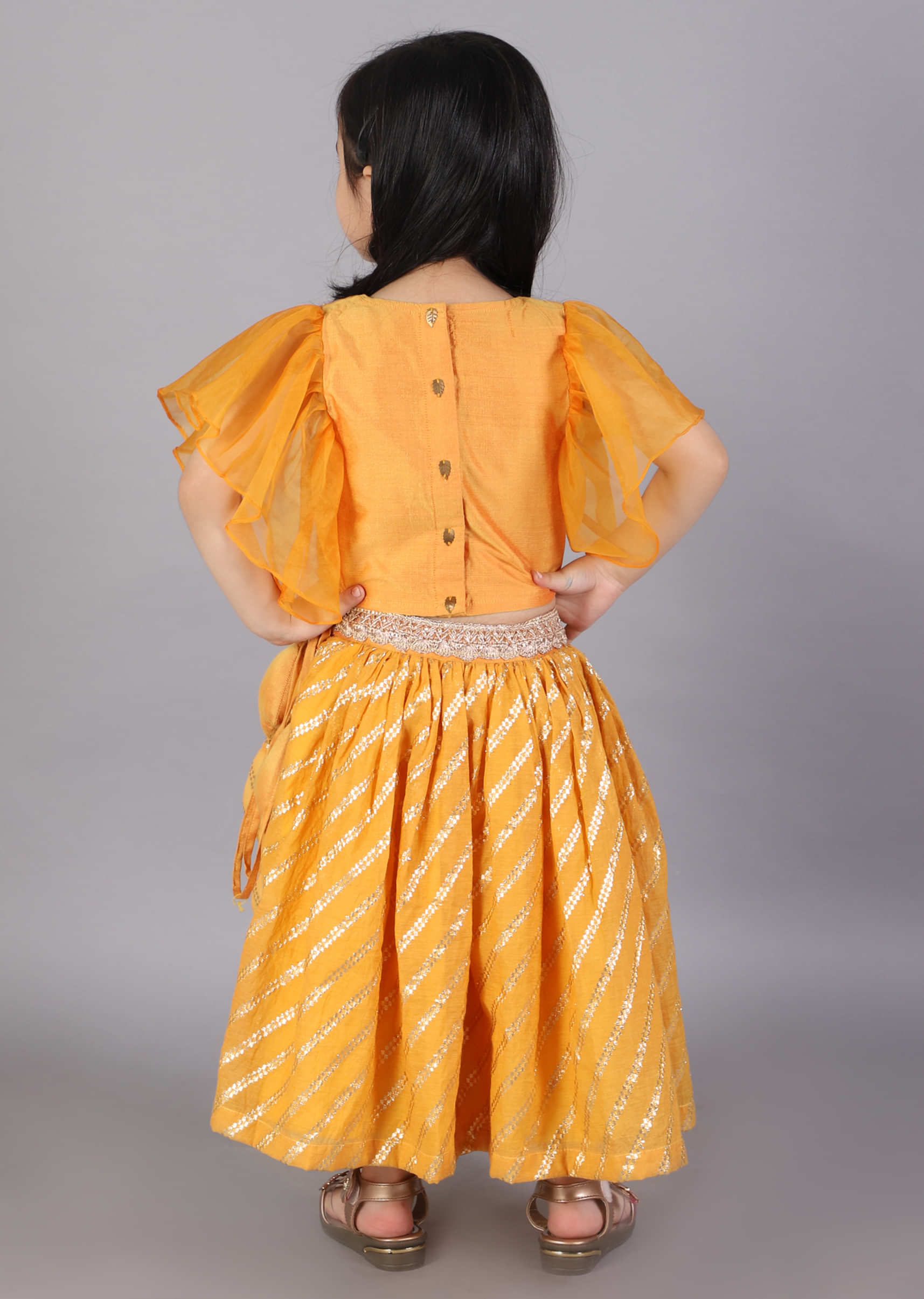 Kalki Girls Orange Lehenga And Crop Top With Organza Sleeves And Woven Design