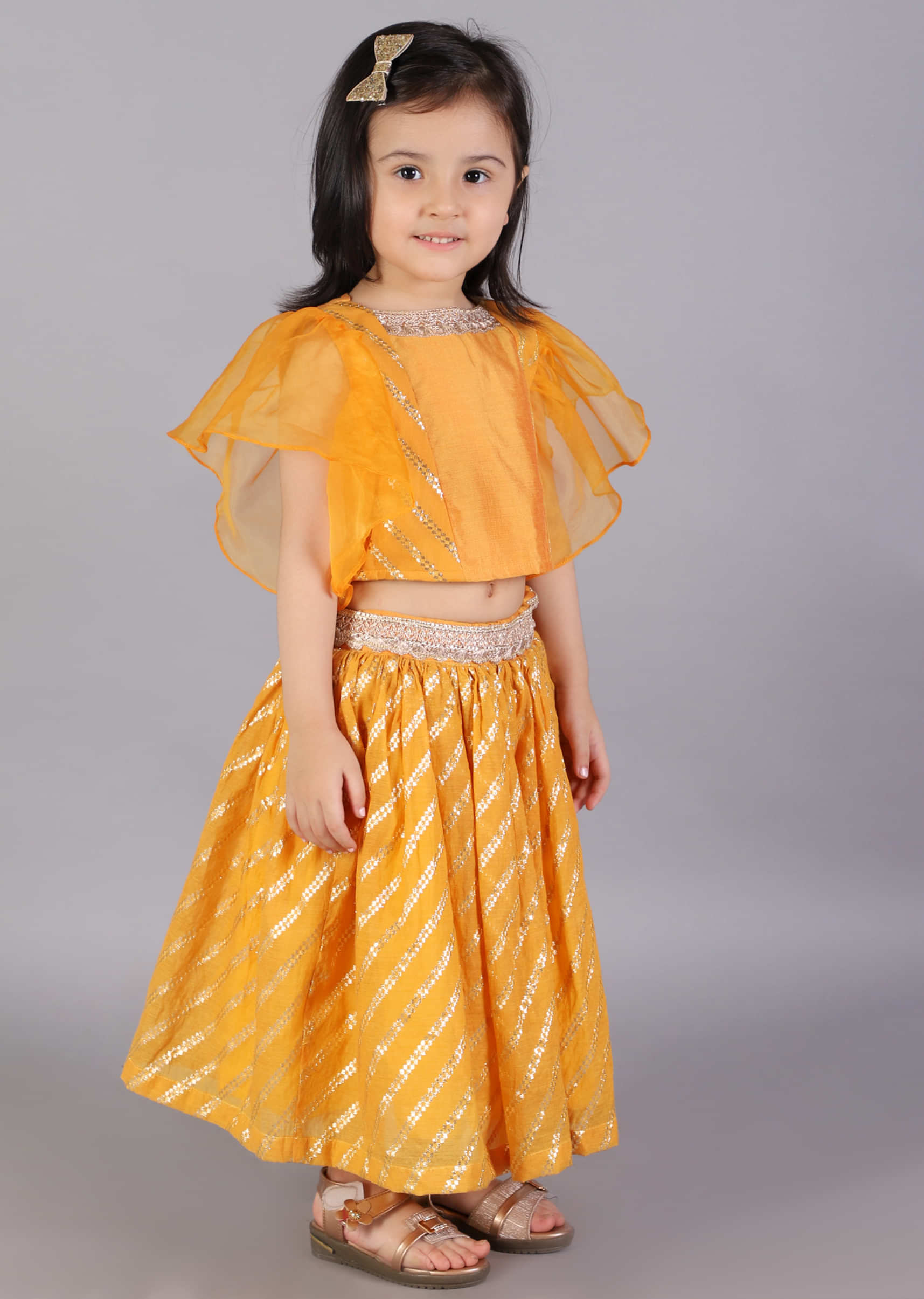 Kalki Girls Orange Lehenga And Crop Top With Organza Sleeves And Woven Design