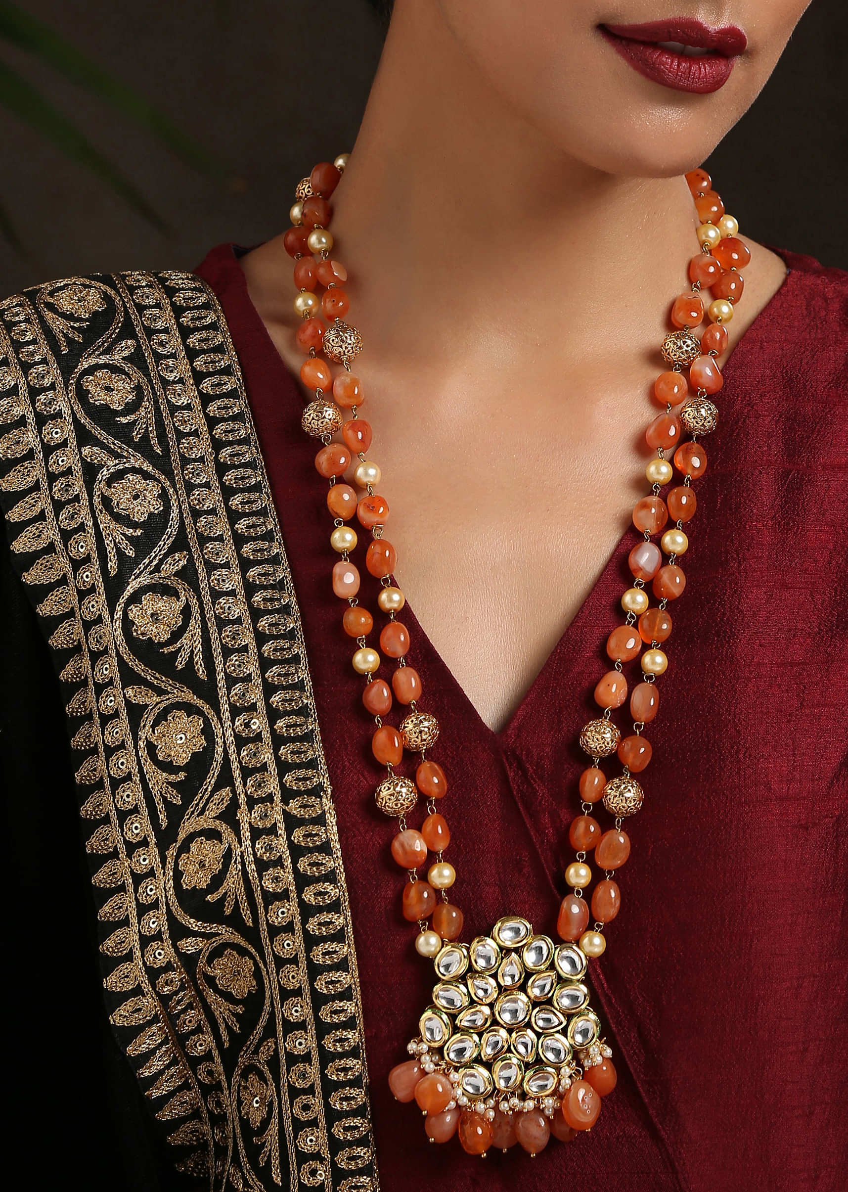 Orange Long Necklace With Stones And Floral Kundan Pendant By Paisley Pop