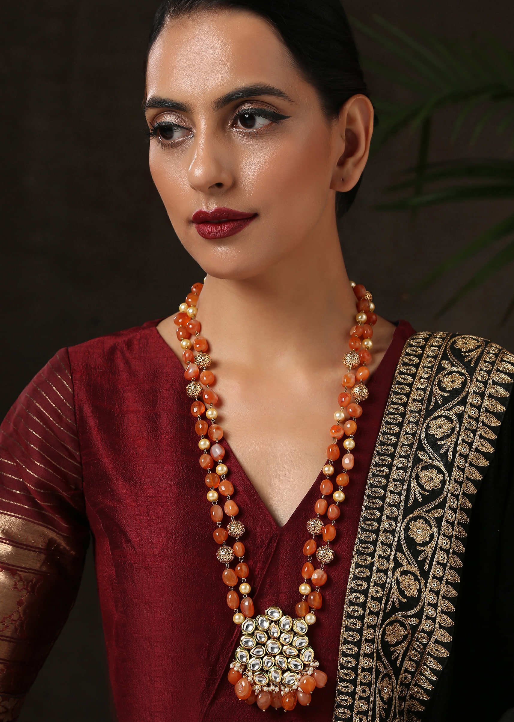 Orange Long Necklace With Stones And Floral Kundan Pendant By Paisley Pop