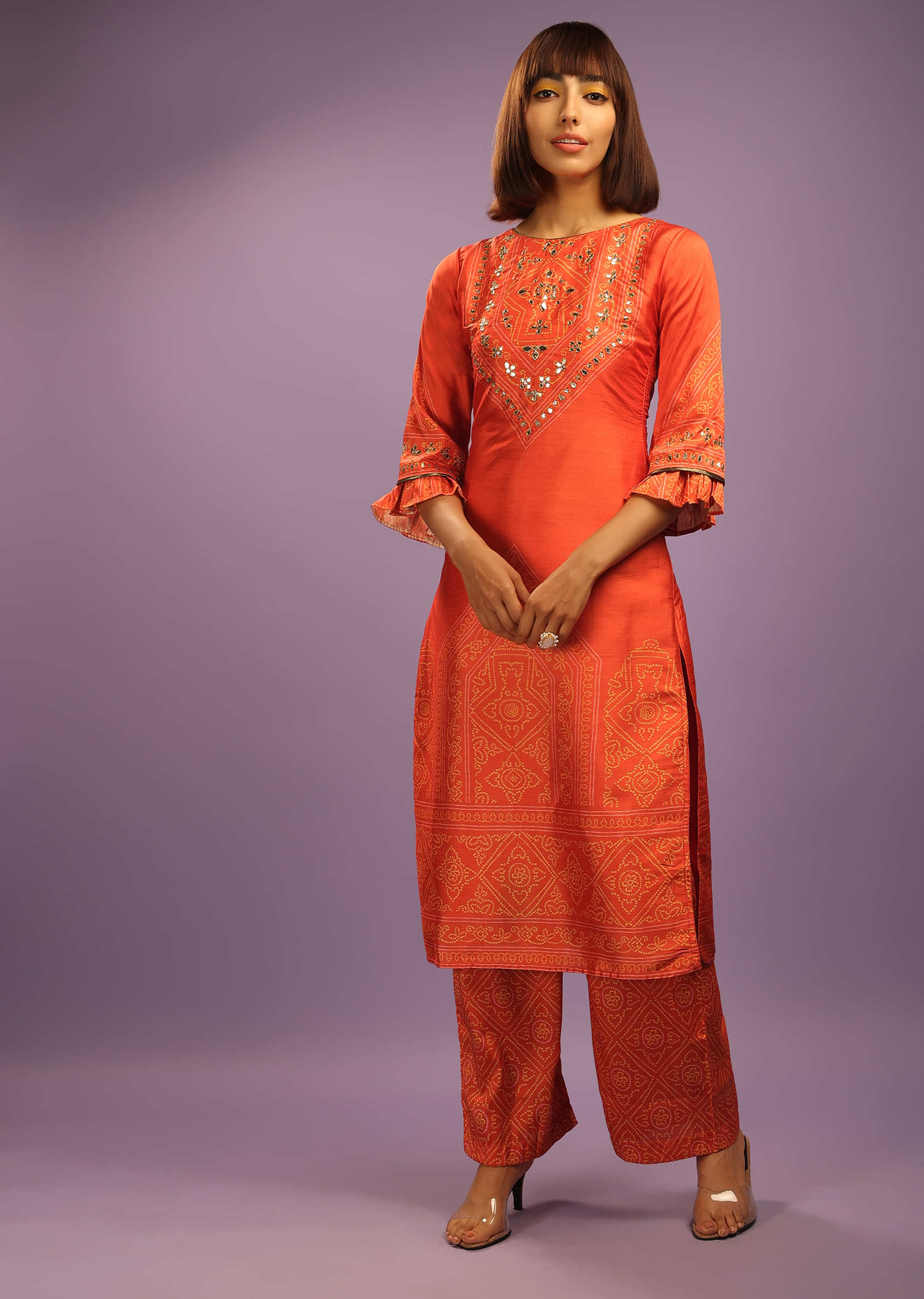 Orange Palazzo Suit In Silk With Digital Printed Bandhani Motif And Mirror Work  