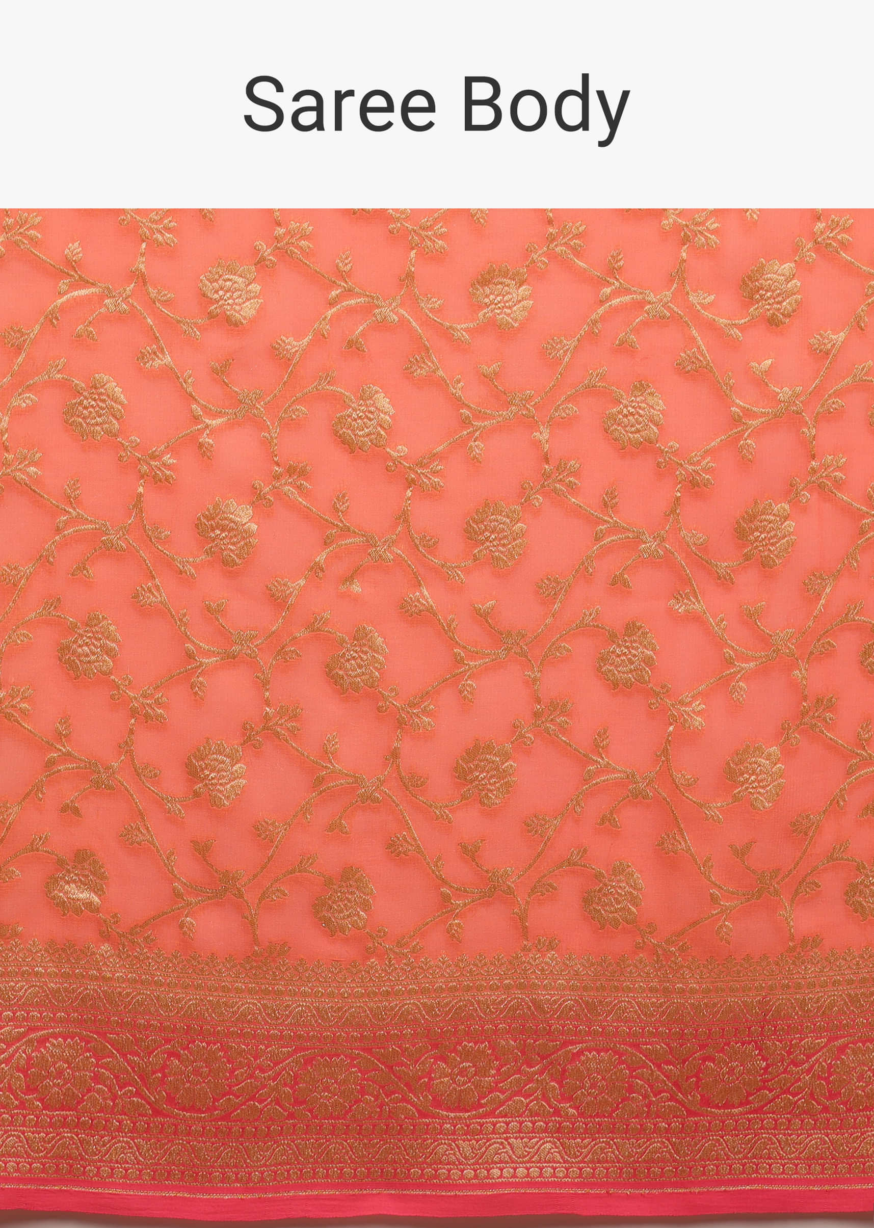 Coral Orange Traditional Saree In Georgette With Golden Floral Jaal Work