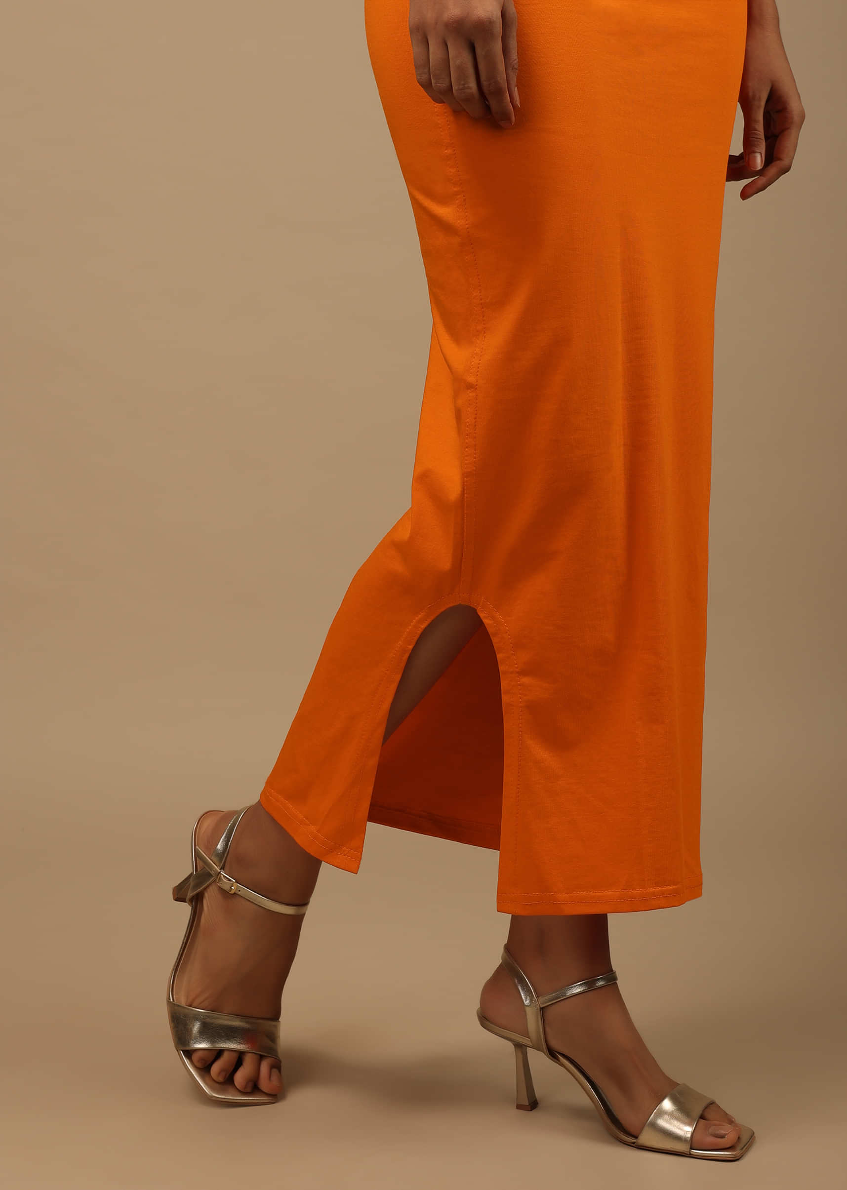 Orange Shapewear Saree Petticoat In Cotton Lycra With Elastic Waistband And Slit