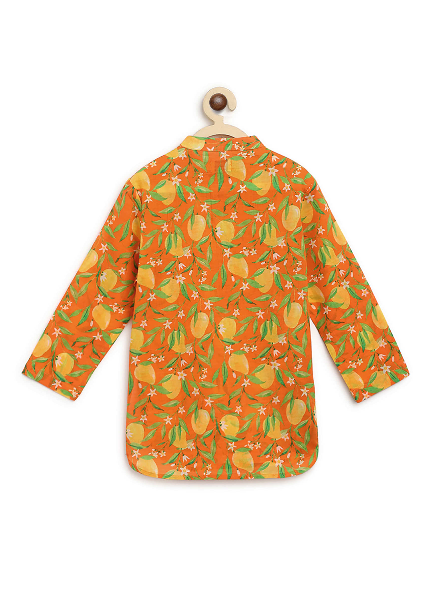 Kalki Boys Orange Short Kurta In Cotton With Mango Print And Cloud Buttons By Tiber Taber