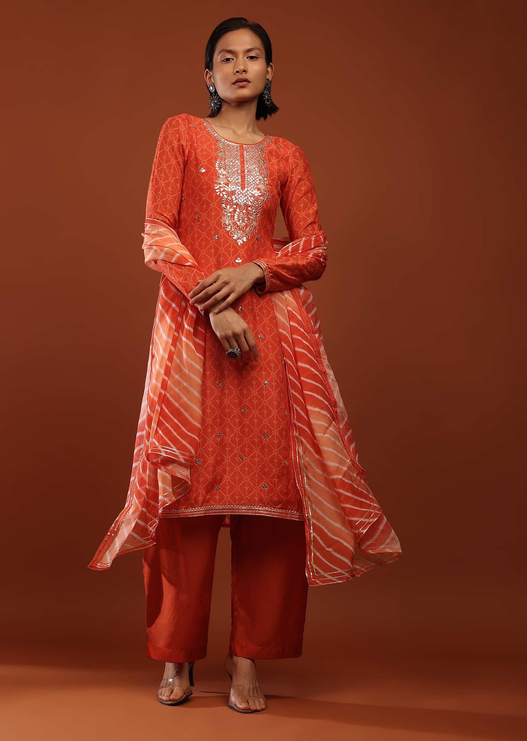 Tangerine Orange Suit With Bandhani Print And Gotta Patti Embrodiered Yoke Design