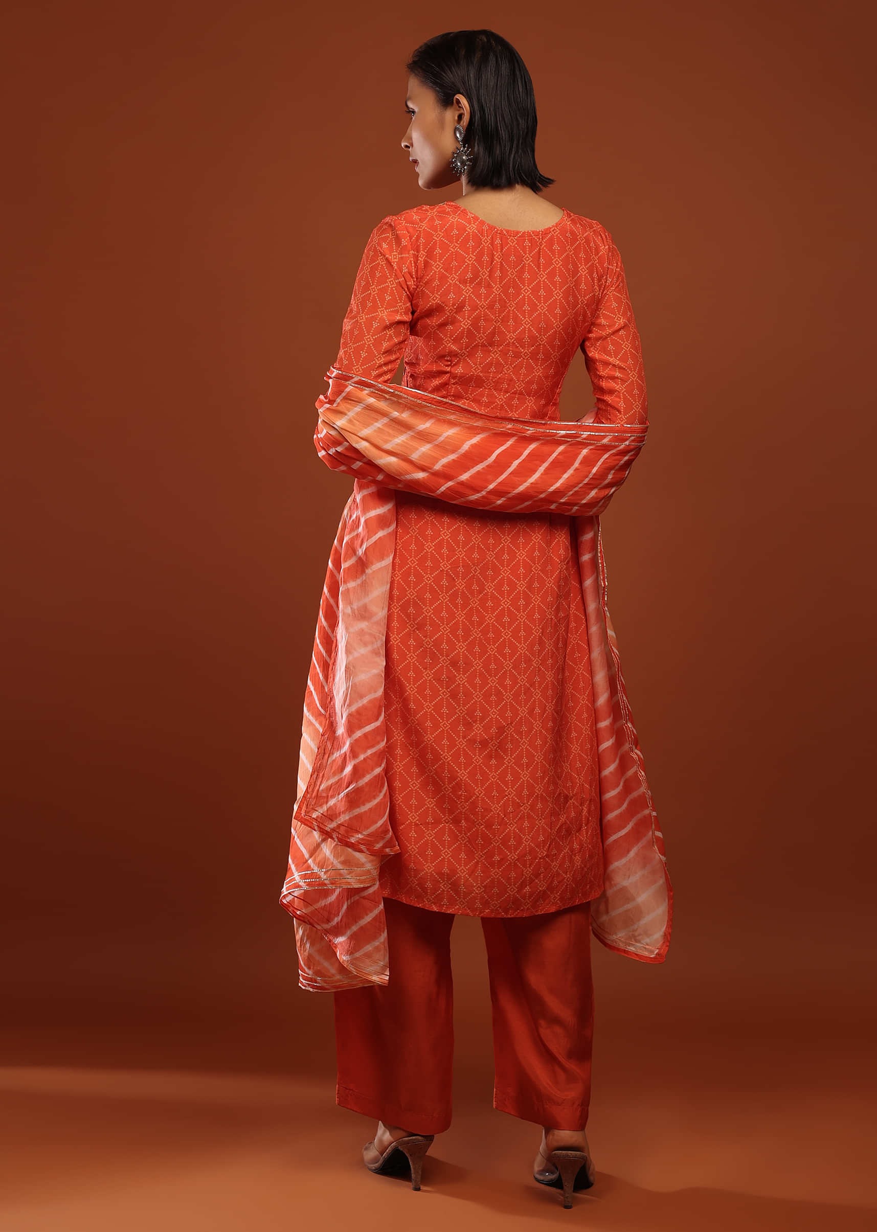 Tangerine Orange Suit With Bandhani Print And Gotta Patti Embrodiered Yoke Design