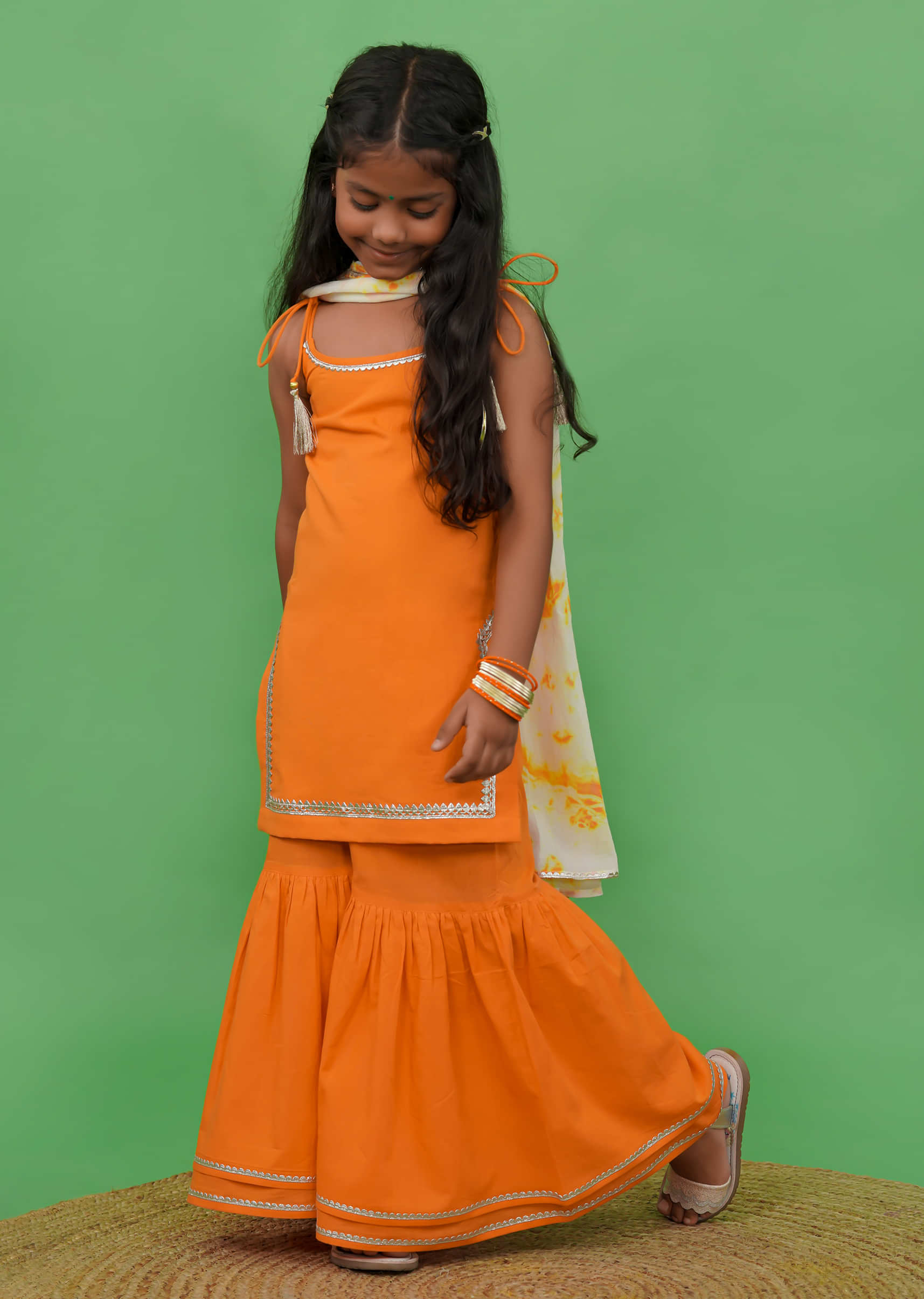Kalki Girls Orange Strappy Straight Cut Sharara Suit With Gotta Patti Work And A Tie Dye Dupatta By Tiber Taber